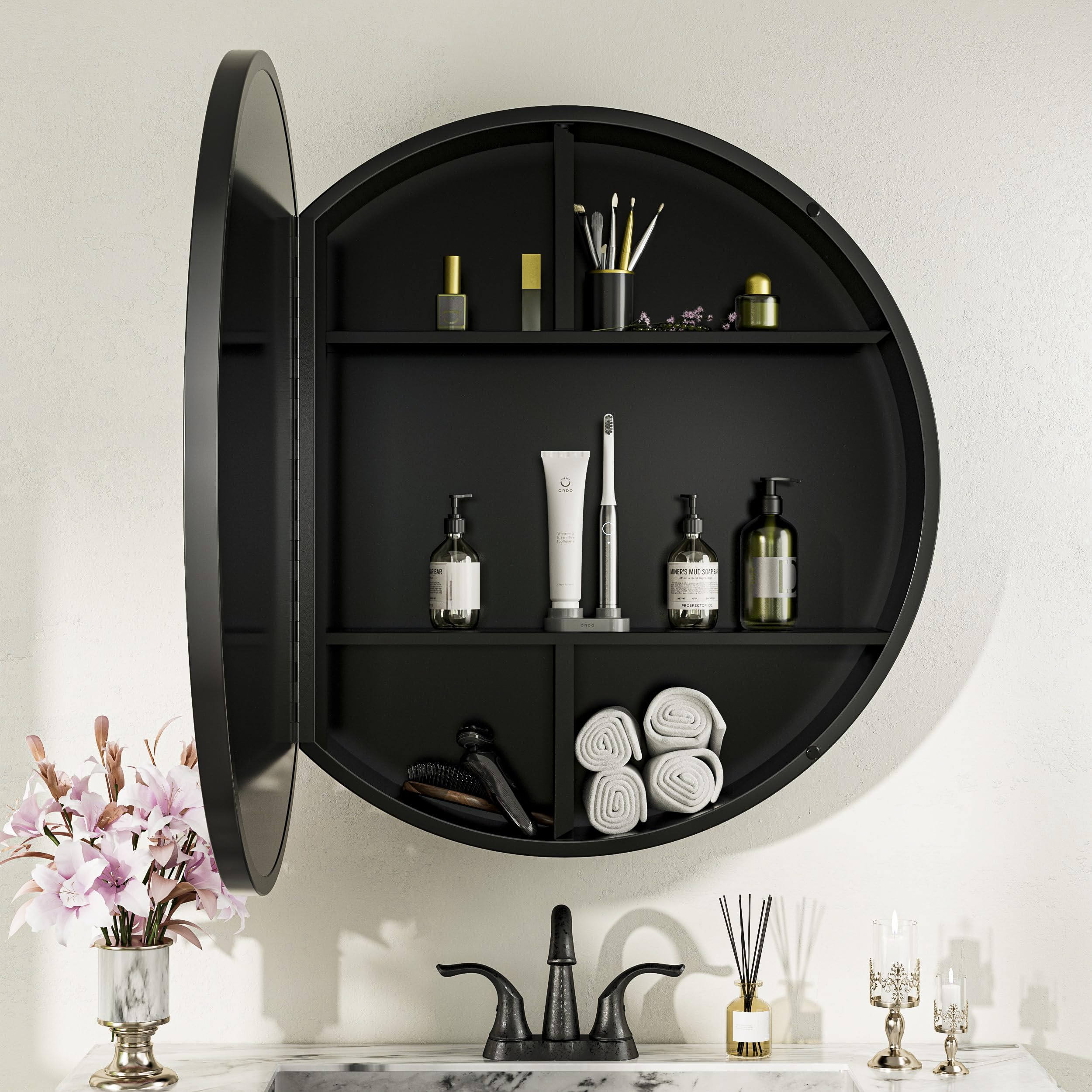 Keonjinn 26 Inch Round Black Medicine Cabinet with Mirror - Surface Mount Metal Frame Bathroom Storage - Farmhouse Style Wall Mounted Vanity Mirror with Detachable Shelves for Bathroom, Bedroom & Entryway Organization