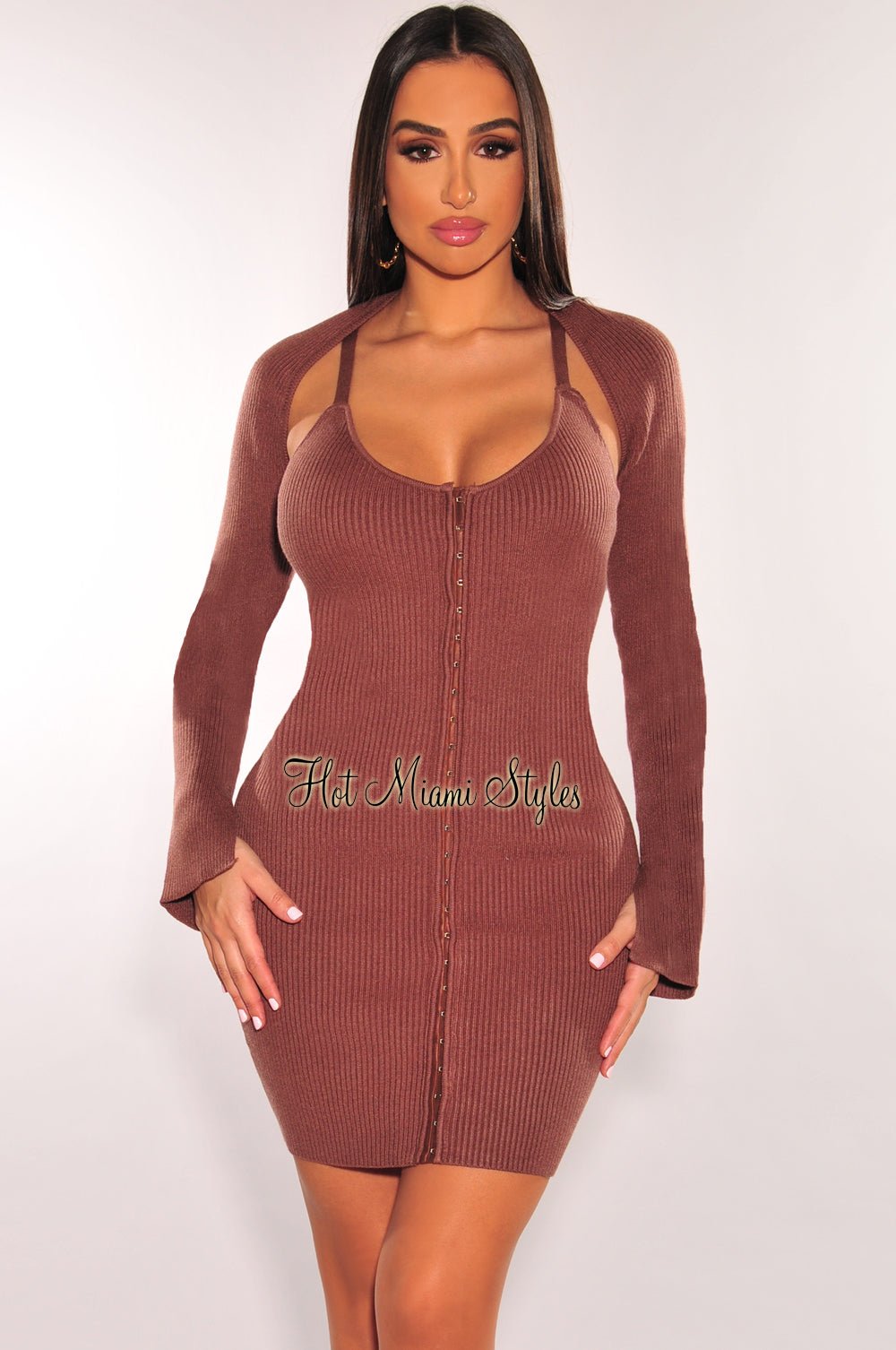 Sexy Chocolate Brown Ribbed Knit Spaghetti Strap Mini Dress with Matching Shrug Jacket - Perfect for Date Night, Parties & Summer Outfits