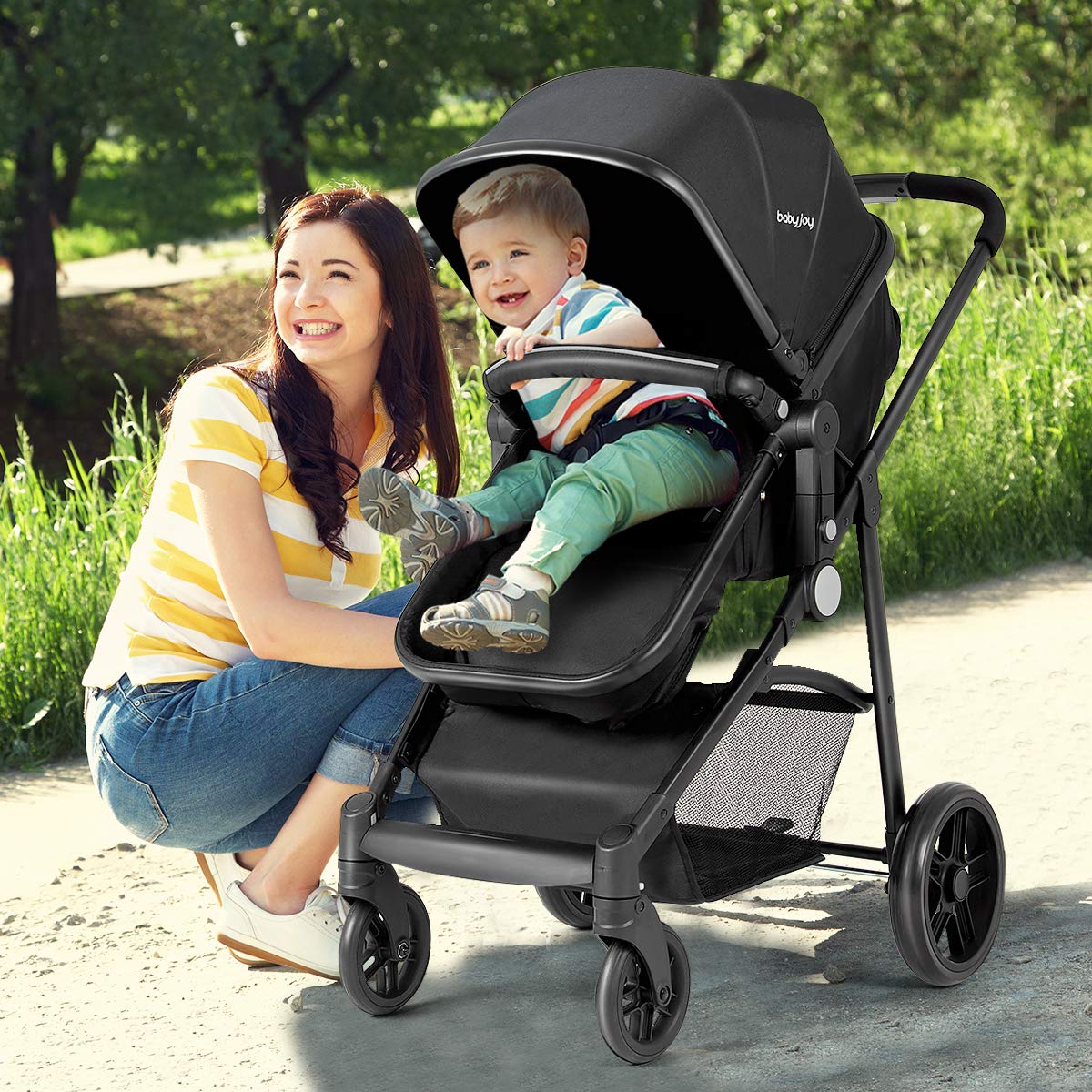 HONEY JOY Convertible Baby Stroller with Adjustable Canopy & Reclining Backrest - Foldable Infant Bassinet Pram with Storage Basket & Cup Holder for Newborns (Black) | Perfect for Park Walks, Shopping Trips & Family Outings
