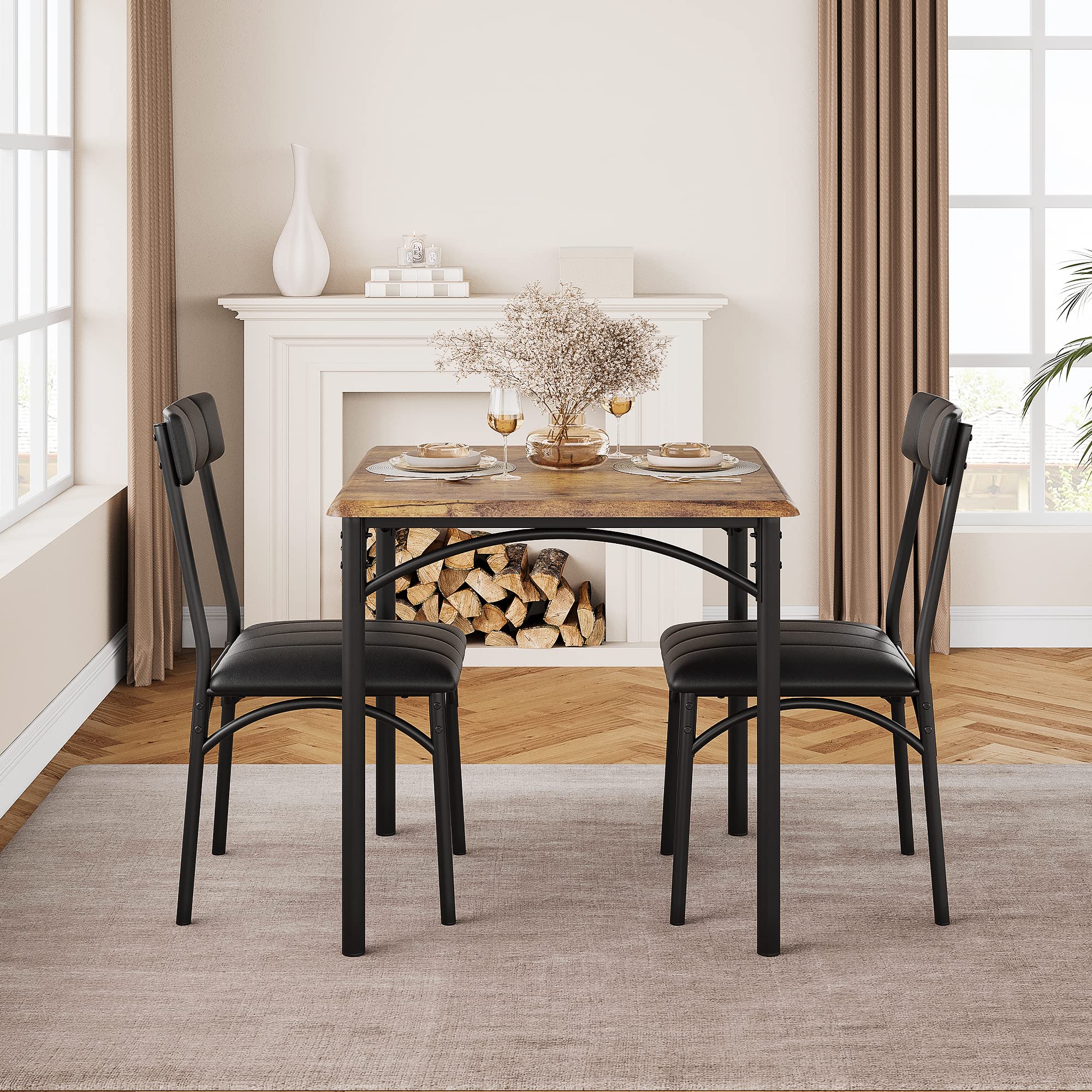 GAOMON 3-Piece Square Dining Table Set for 2 with Upholstered Chairs - Rustic Brown Kitchen Table & Chairs for Small Spaces, Apartments & Studios | Perfect for Breakfast Nooks, Cozy Meals & Compact Living Areas