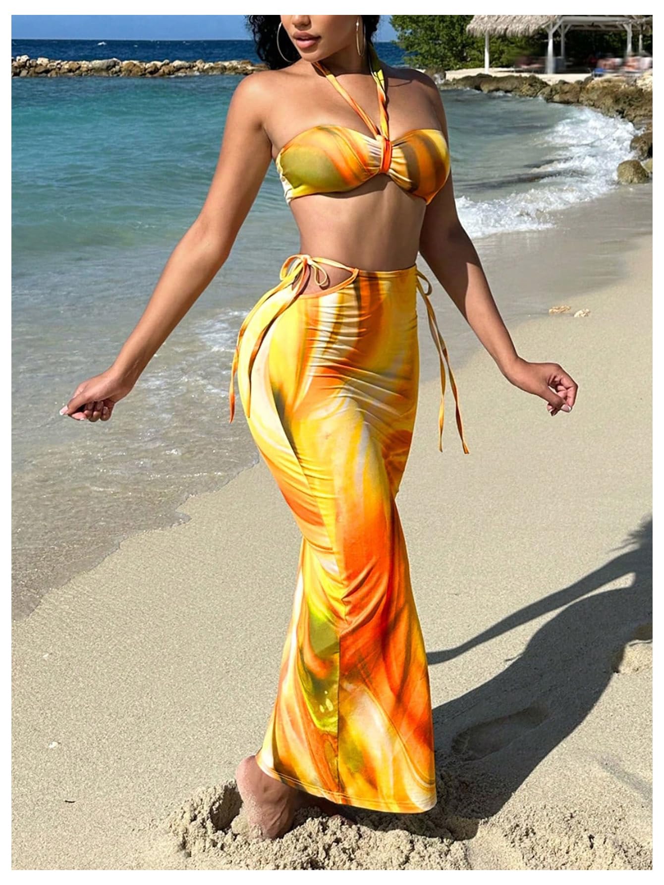 Stylish Women's 2 Piece Outfit Set - Marble Print Tie Back Crop Halter Top & High Slit Maxi Skirt | Summer Beachwear, Party Dress, Boho Chic Fashion