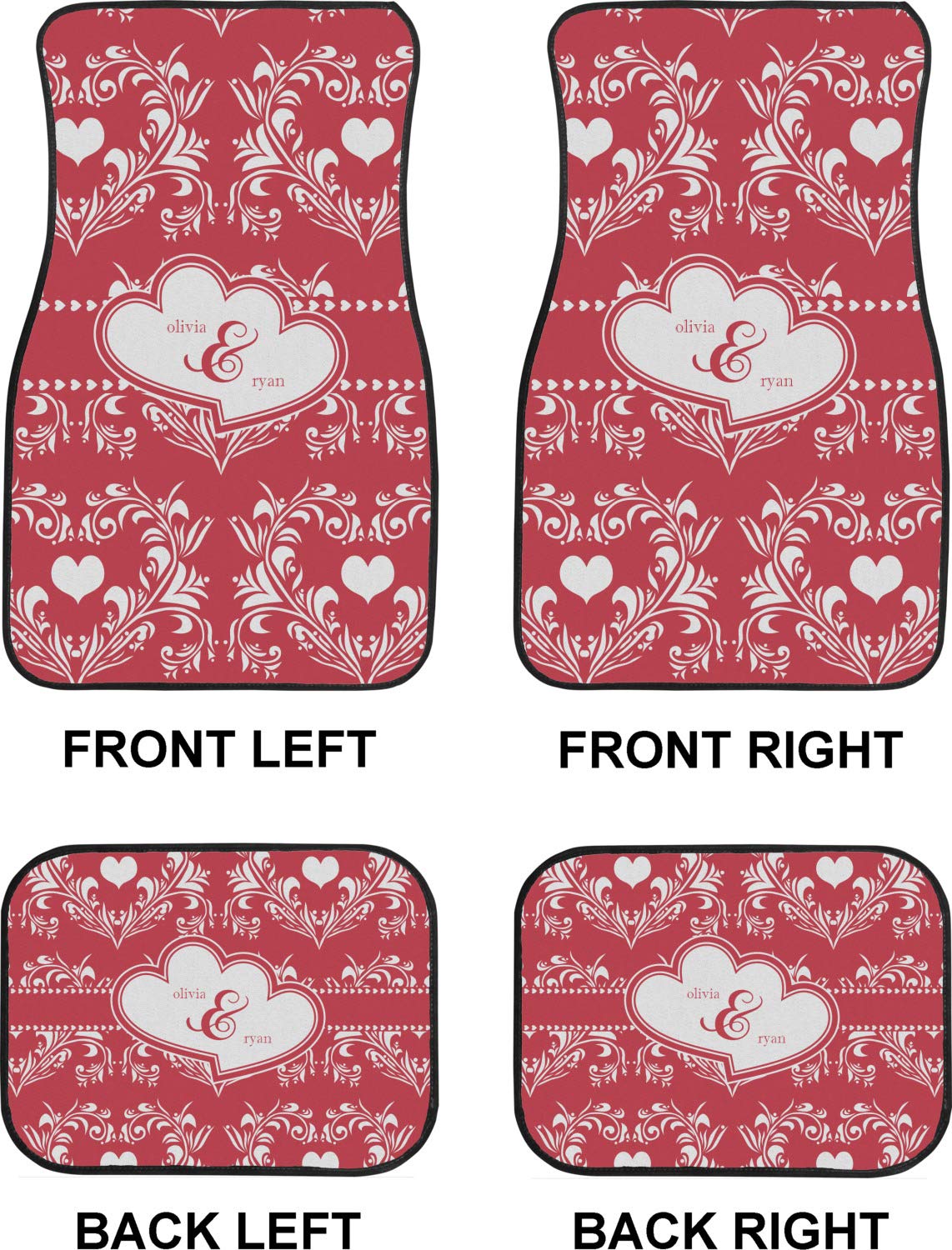 Custom Heart Damask Car Floor Mats Set - 2 Front & 2 Rear Mats for Cars, SUVs & Trucks | Waterproof & Non-Slip Protection | Perfect for Valentine's Day Gifts & Car Interior Decor