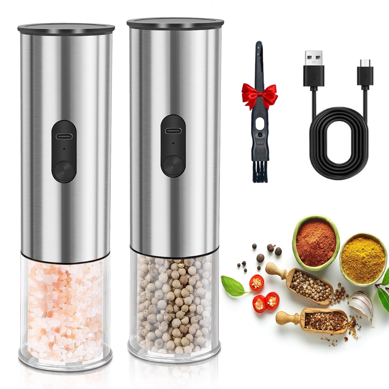 Rechargeable Electric Salt and Pepper Grinder Set - Adjustable Coarseness Automatic Spice Mill with One-Hand Operation & LED Light - Stainless Steel Refillable Shakers for Kitchen, Dining, Camping & Gifting