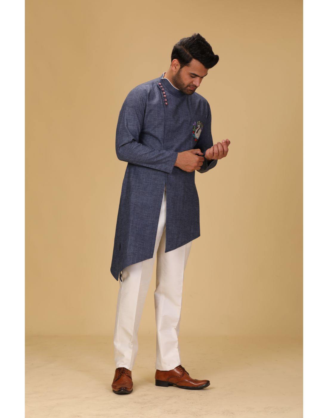 BluesnGreys Indigo Blue with Flamingo Print Designer Kurta Pant Set - Stylish Ethnic Outfit for Parties, Weddings & Festive Occasions