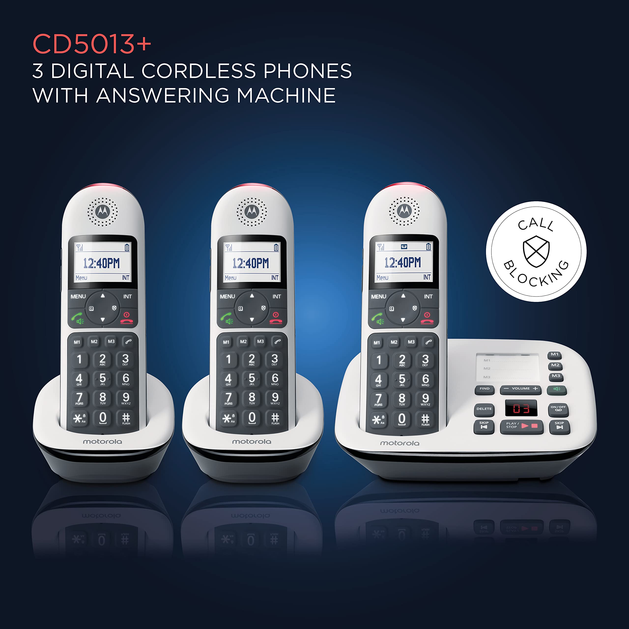 Motorola CD5013 DECT 6.0 Cordless Phone System with Answering Machine | 3 Handsets | Call Block & Volume Boost | Ideal for Home & Office Use