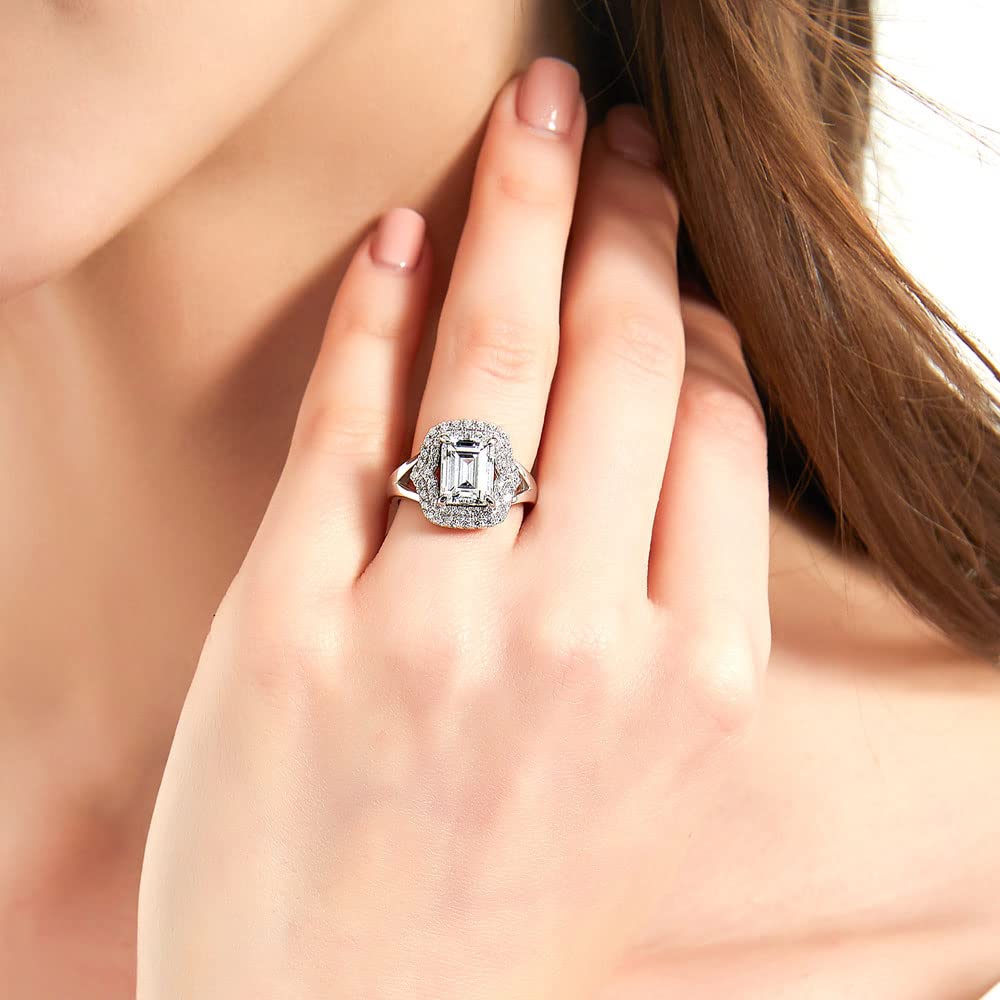 BERRICLE Sterling Silver Halo Wedding Engagement Ring for Women - Step Emerald Cut Cubic Zirconia CZ Statement Cocktail Split Shank Ring, Rhodium Plated Size 4-10 | Perfect for Proposals, Anniversaries, Date Nights & Special Occasions