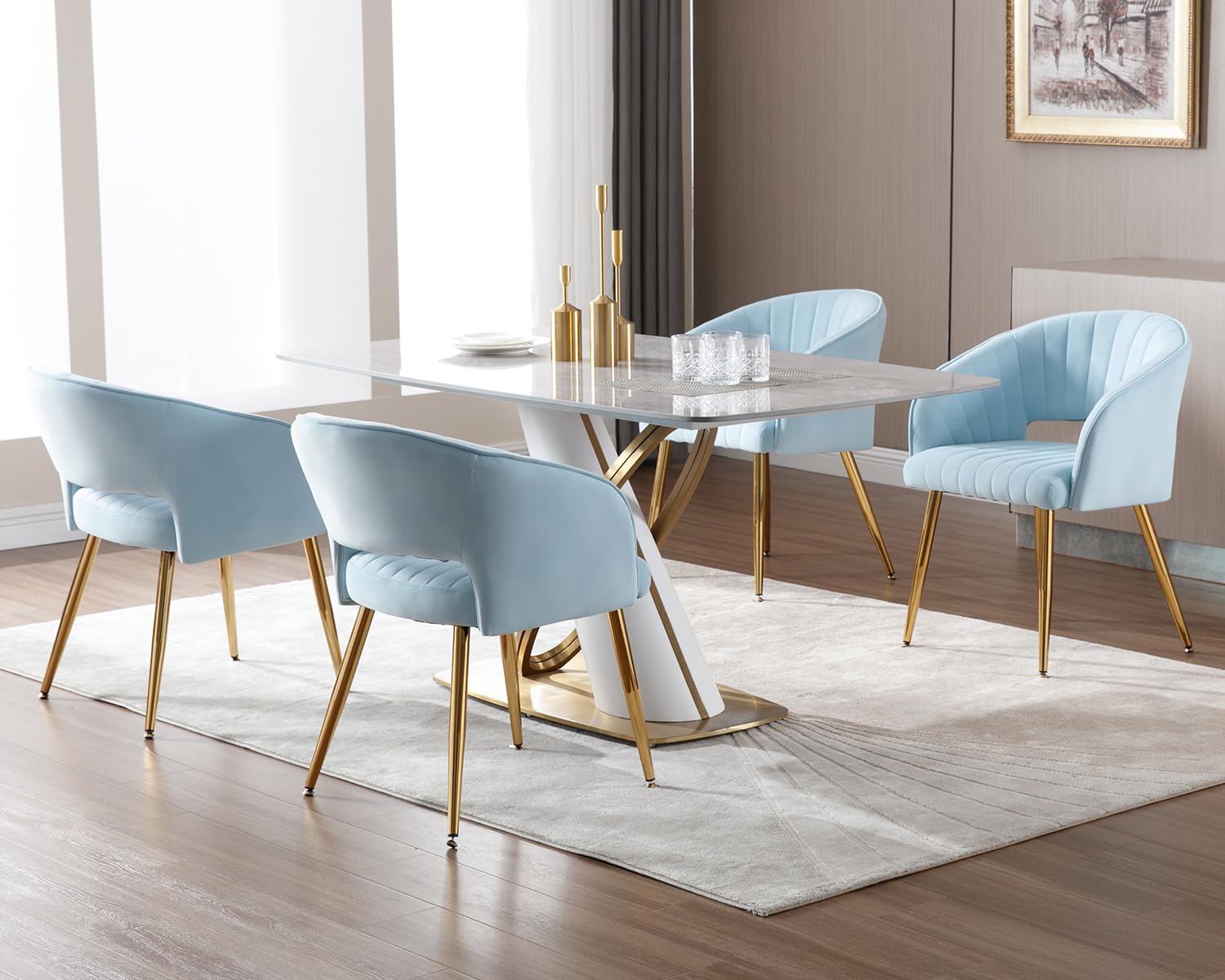 KCC Modern Velvet Desk Chair - Tufted Upholstered Accent Armchair with Gold Metal Legs for Dining Room, Living Room, Office & Restaurant | Baby Blue Velvet Side Chair for Home Decor, Vanity Dressing Table & Workspace