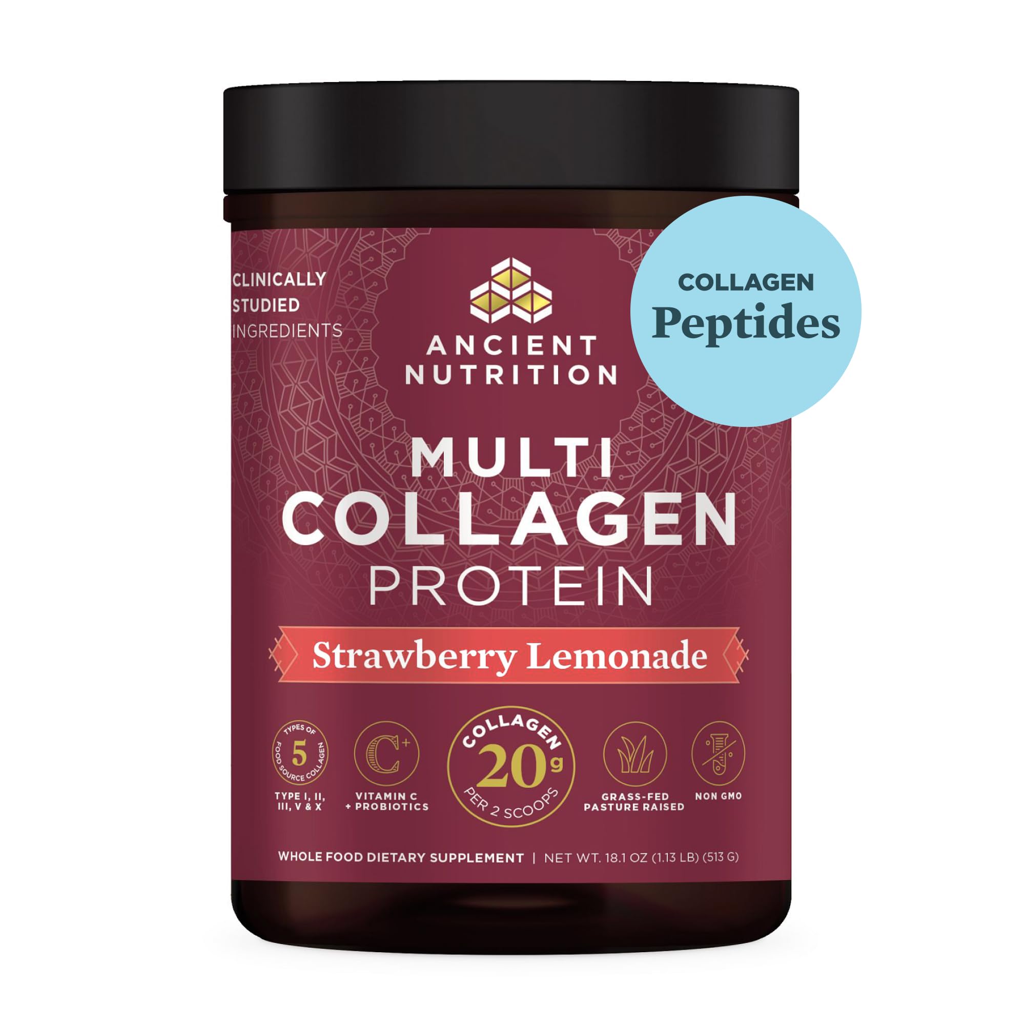 Ancient Nutrition Multi Collagen Protein Powder - Strawberry Lemonade Flavor, 45 Servings (18.1oz) with Hydrolyzed Collagen Peptides & Vitamin C for Skin, Hair, Nails, Gut & Joint Health | Supports Glowing Skin & Stronger Nails | Perfect for Smoothies, Coffee & Post-Workout Recovery
