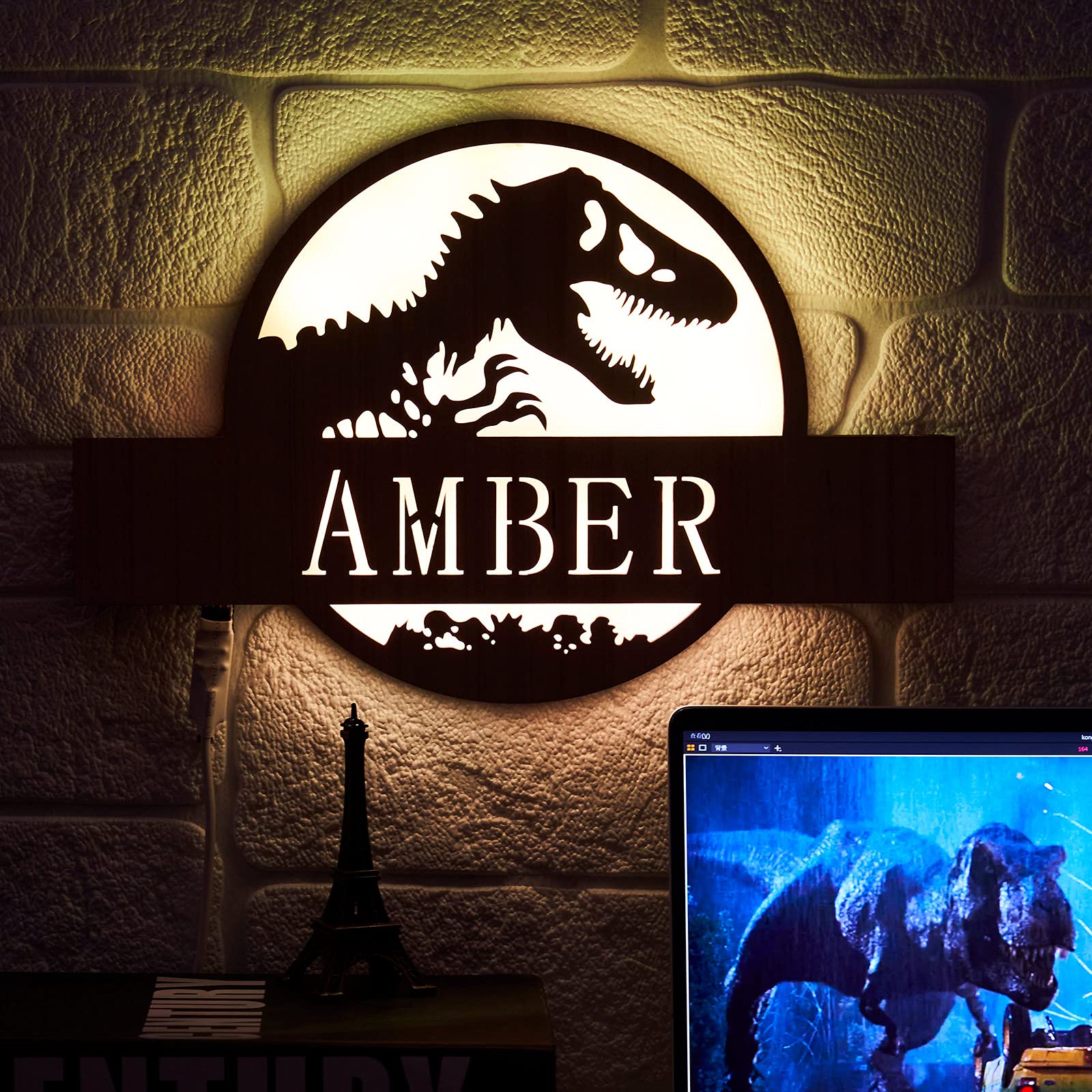 VEELU Custom Dinosaur Night Light - 16 Color Changing LED Wooden Name Engraved Night Lamp with Remote Control for Kids Bedroom, Nursery, Wall Decor | Perfect Gift for Boys, Men, Dad | Birthday, Christmas, Home Decoration Lighting