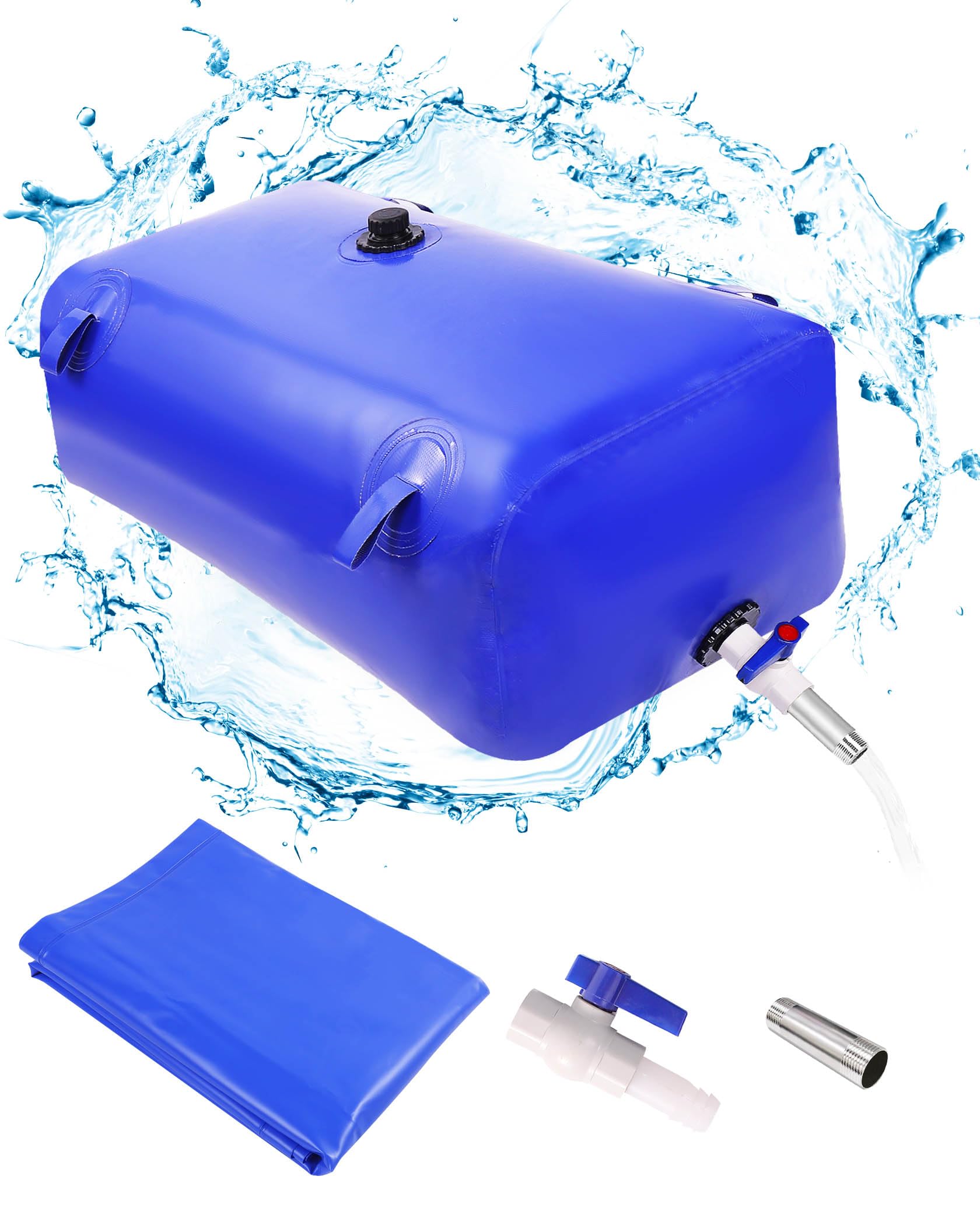 Ezcasch 63.4gal/240L Portable Water Storage Bladder - Large Capacity PVC Water Reservoir with Valves & Overflow Kit | Foldable Water Tank for Camping, Hiking, Emergency Preparedness & Outdoor Activities | Blue