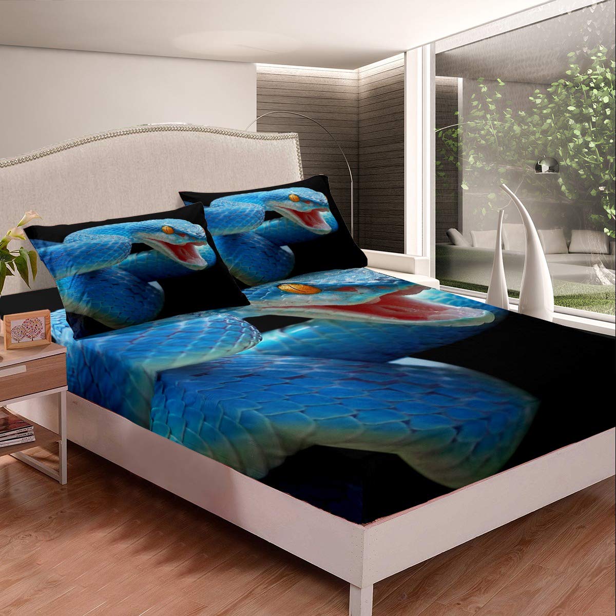 Blue Snake 3D Printed Fitted Sheet Twin XL - Microfiber Bedding Set with Blue Scales & Yellow Eyes Design (1 Fitted Sheet + 1 Pillowcase) - Perfect for Kids' Rooms, Dorm Decor, and Reptile-Themed Bedrooms