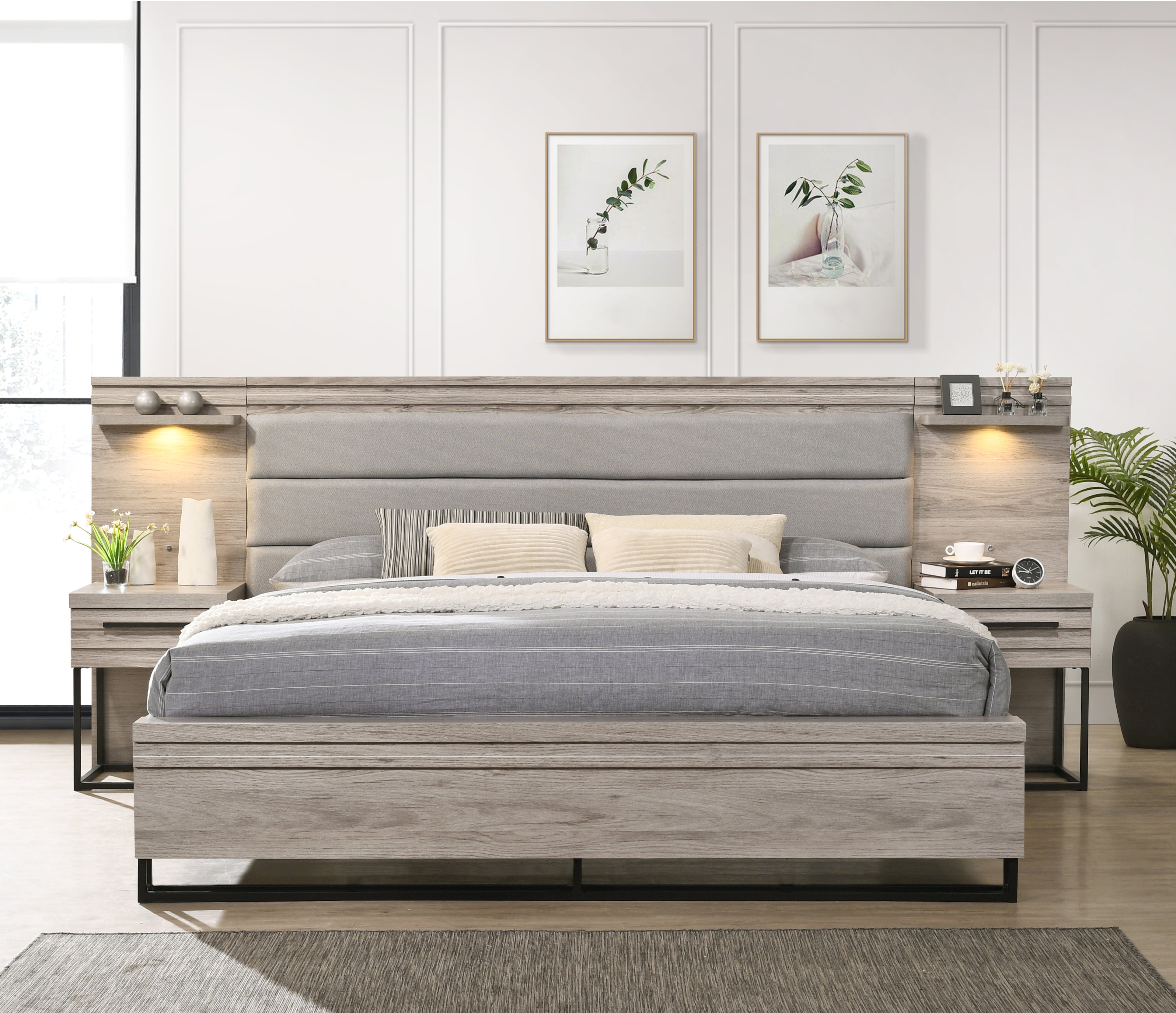 Alvear Upholstered Wood Wallbed with White LED Lights & 2 Nightstands - Modern Space-Saving Murphy Bed in Weathered Gray Finish | Perfect for Small Apartments, Guest Rooms & Studio Living