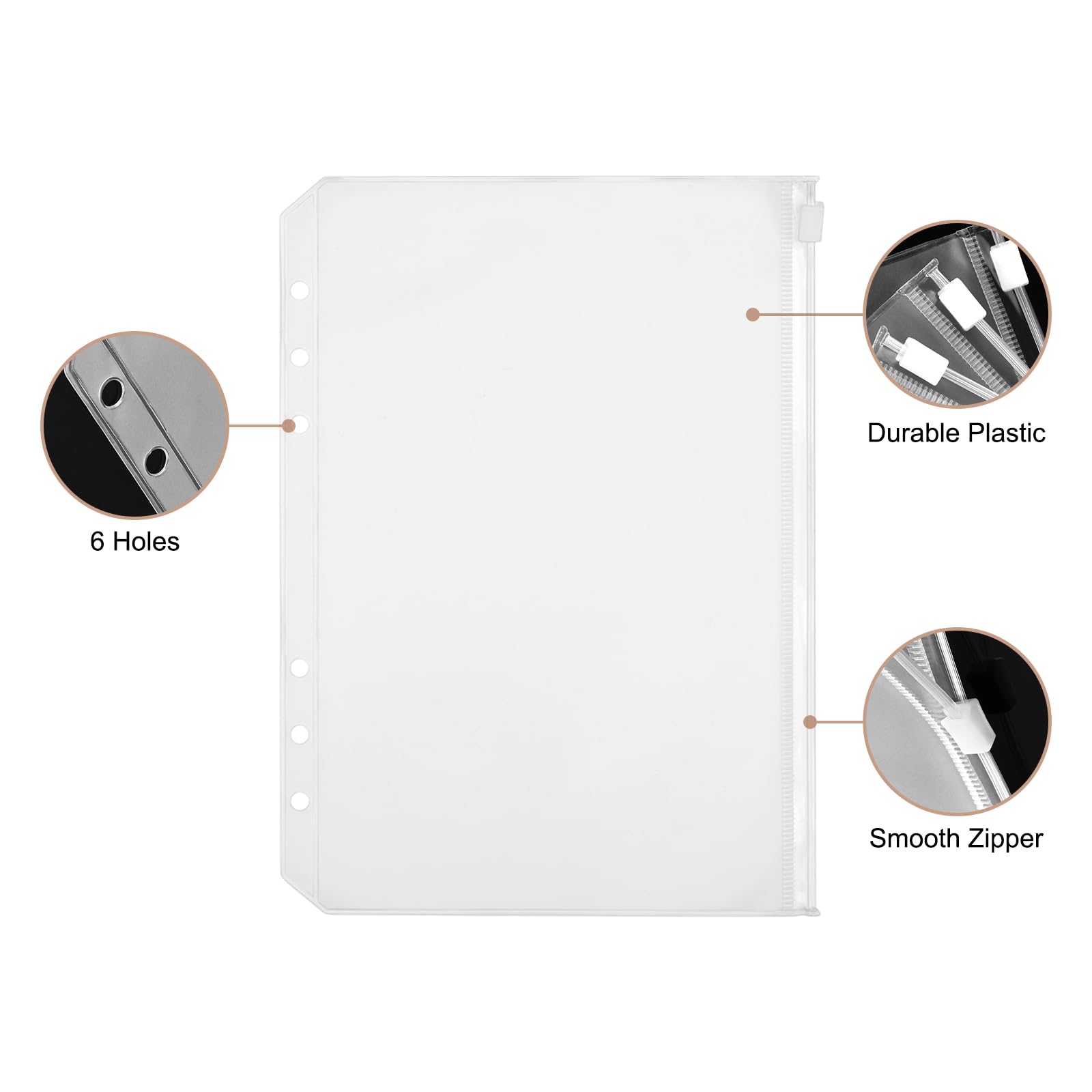 24PCS A5 Binder Pockets with Zipper - 6 Holes Clear Plastic Cash Envelopes for Budgeting, Money Organizer & Planner - Perfect for Home Finance, Office Organization, and School Supplies