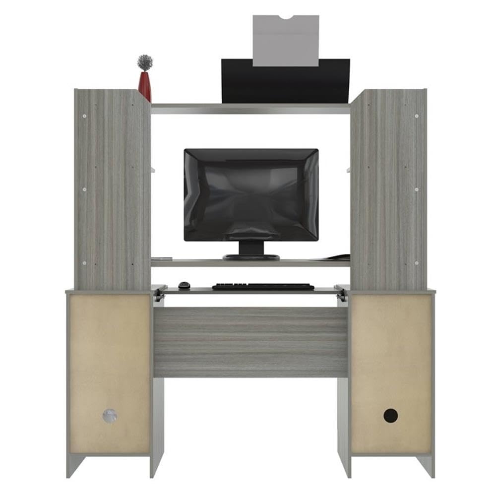 Modern Wooden Computer Desk with Hutch - Smoke Oak Finish for Home Office, Study & Workspace | Pemberly Row Contemporary Work Center