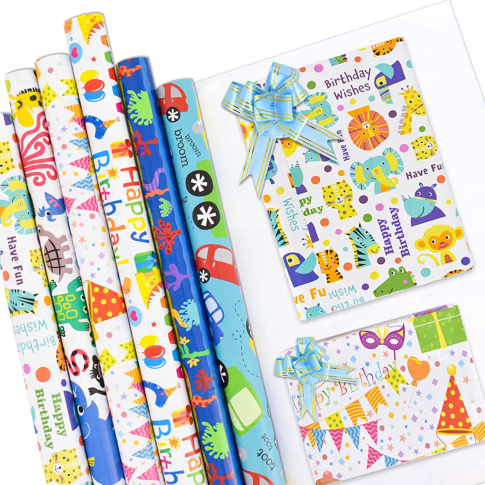 Happy Dinosaur Birthday Wrapping Paper - White Kraft Gift Wrap with Space, Animals & Cake Designs for Boys, Girls, Baby Showers & Holidays (6 Sheets 27.8x19.7 in) - Perfect for Birthday Parties, Christmas Gifts & Special Occasions