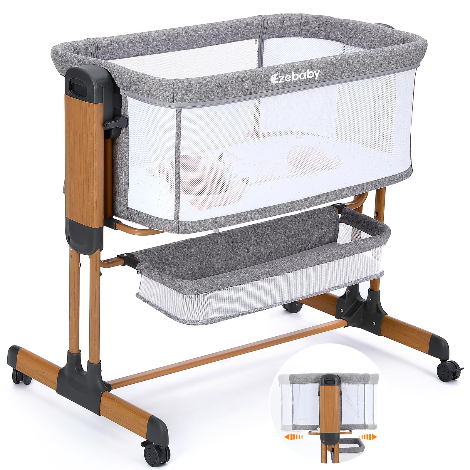 Ezebaby 3-in-1 Adjustable Baby Bassinet with Wheels, Storage Basket & Breathable Mesh Sides - Convertible Rocking Crib & Bedside Sleeper for Newborns & Infants - Perfect for Nursery, Bedroom & Travel Use