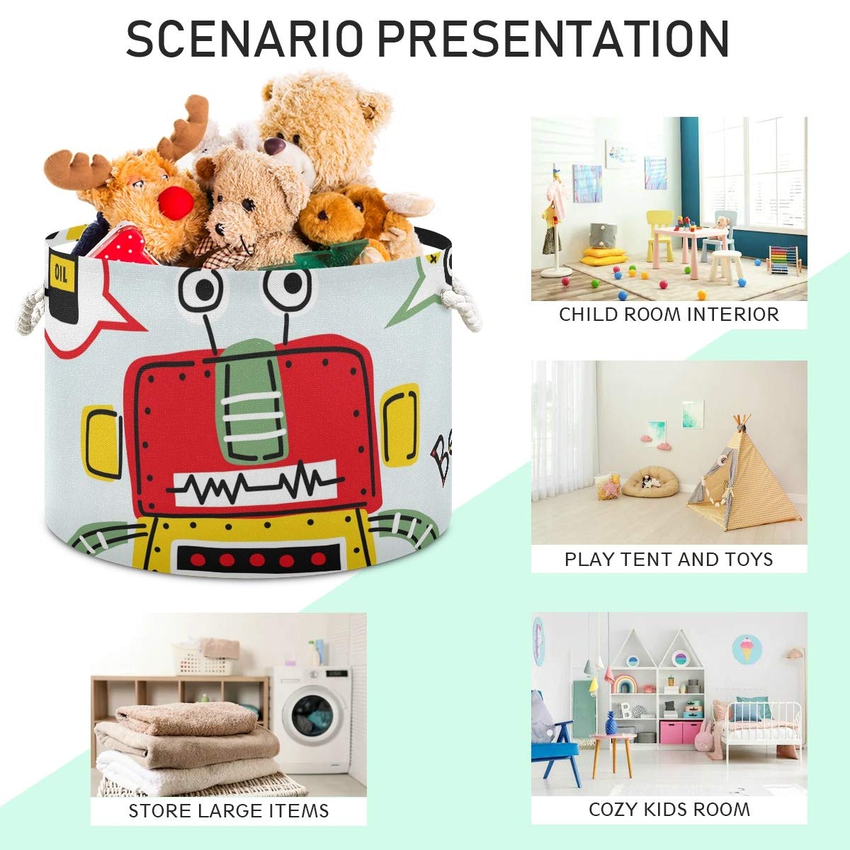 Collapsible Round Storage Basket - Fabric Toy Organizer & Laundry Hamper with Drawstrings for Kids - Funny Robot Cartoon Design - Perfect for Nursery, Playroom & Bedroom Organization