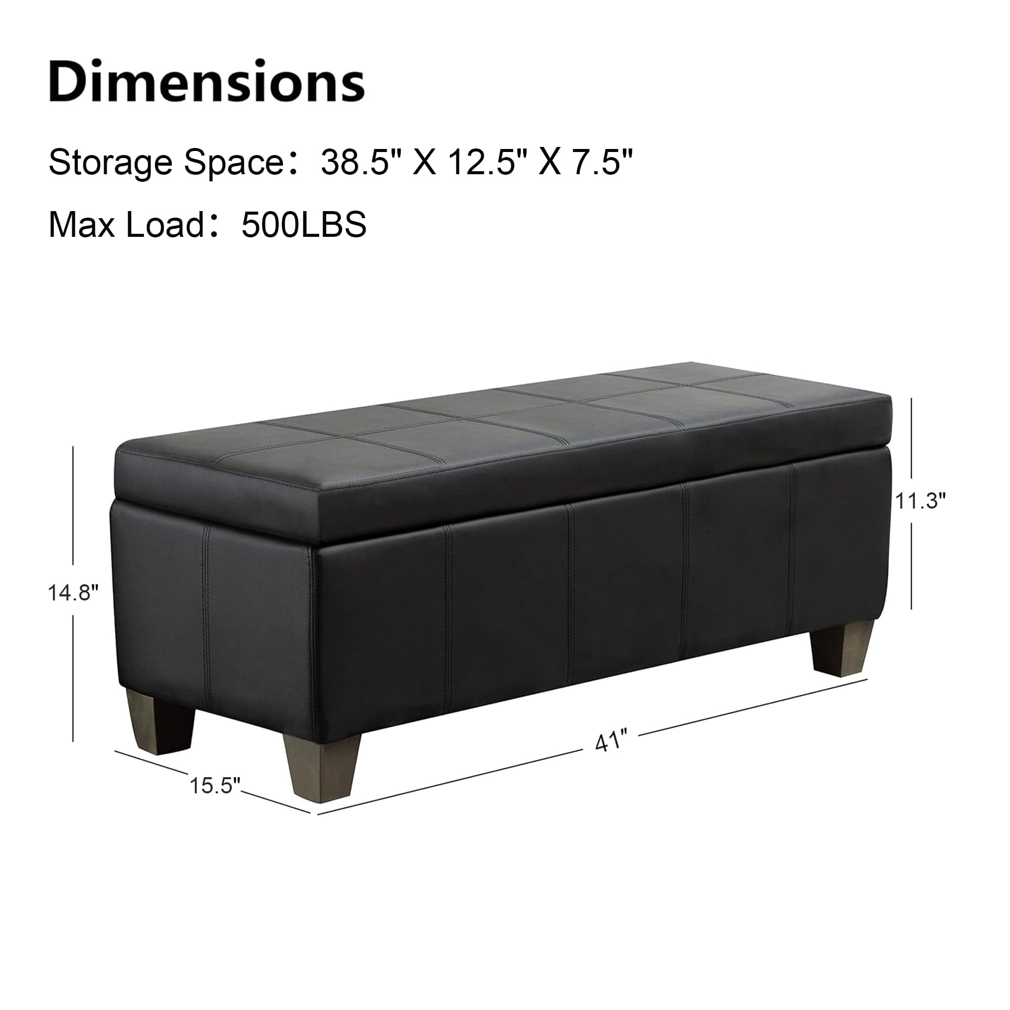 Black Faux Leather Storage Ottoman Bench - Extra Long Rectangular Footrest with Hidden Storage | Perfect for Bedroom, Living Room & Entryway Seating & Organization