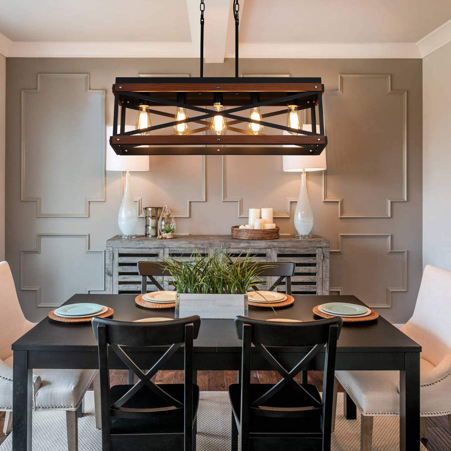 Rustic Farmhouse Kitchen Island Lighting - Wood & Metal Linear Chandelier with 5 Lights - Industrial Pendant Light Fixture for Kitchen, Dining Room, Living Room - Black - Perfect for Farmhouse Decor & Open Concept Spaces