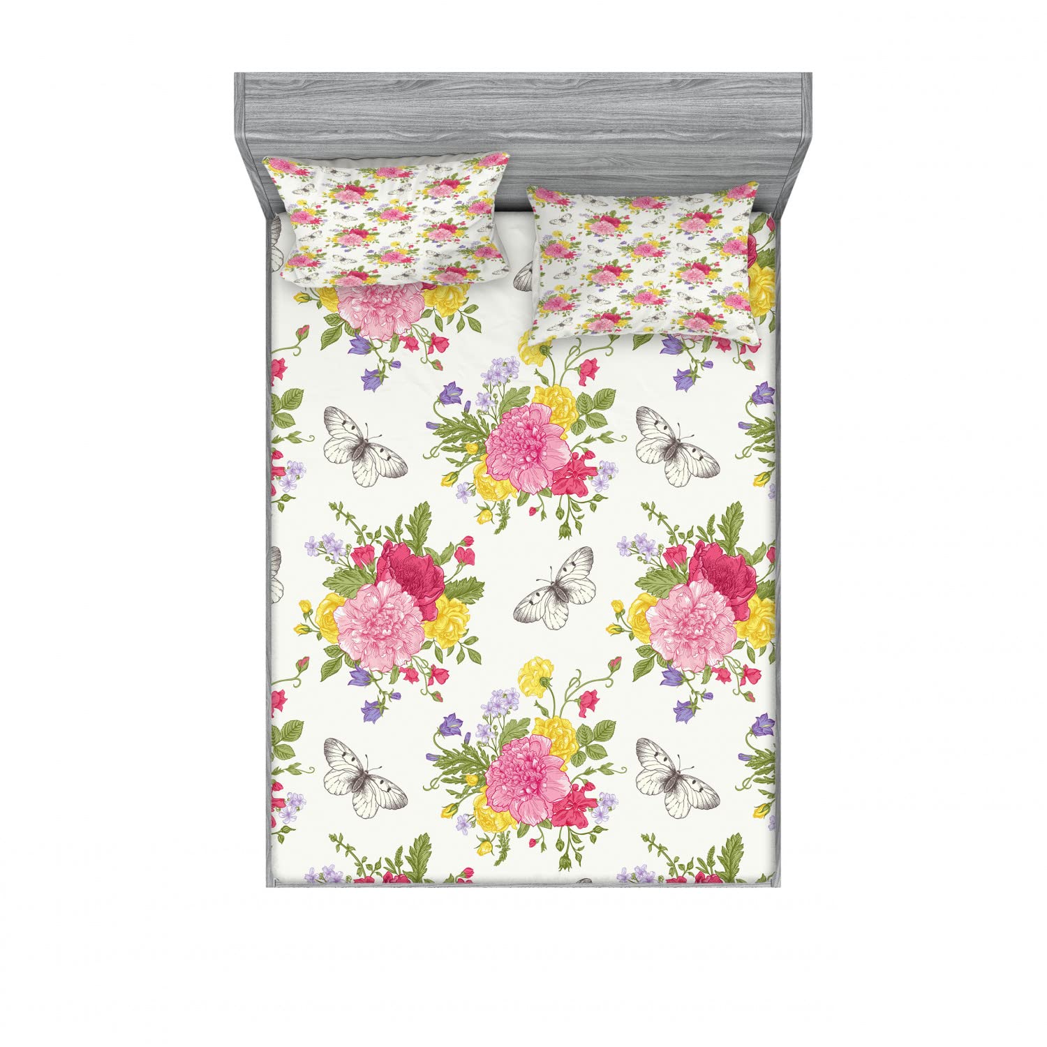 Ambesonne Shabby Floral 2-Piece King Size Fitted Sheet Set with 4 Pillow Shams - Botanical Garden Print Bedding Collection - Multicolor Floral Design for Master Bedroom, Guest Room & Vacation Home Decor