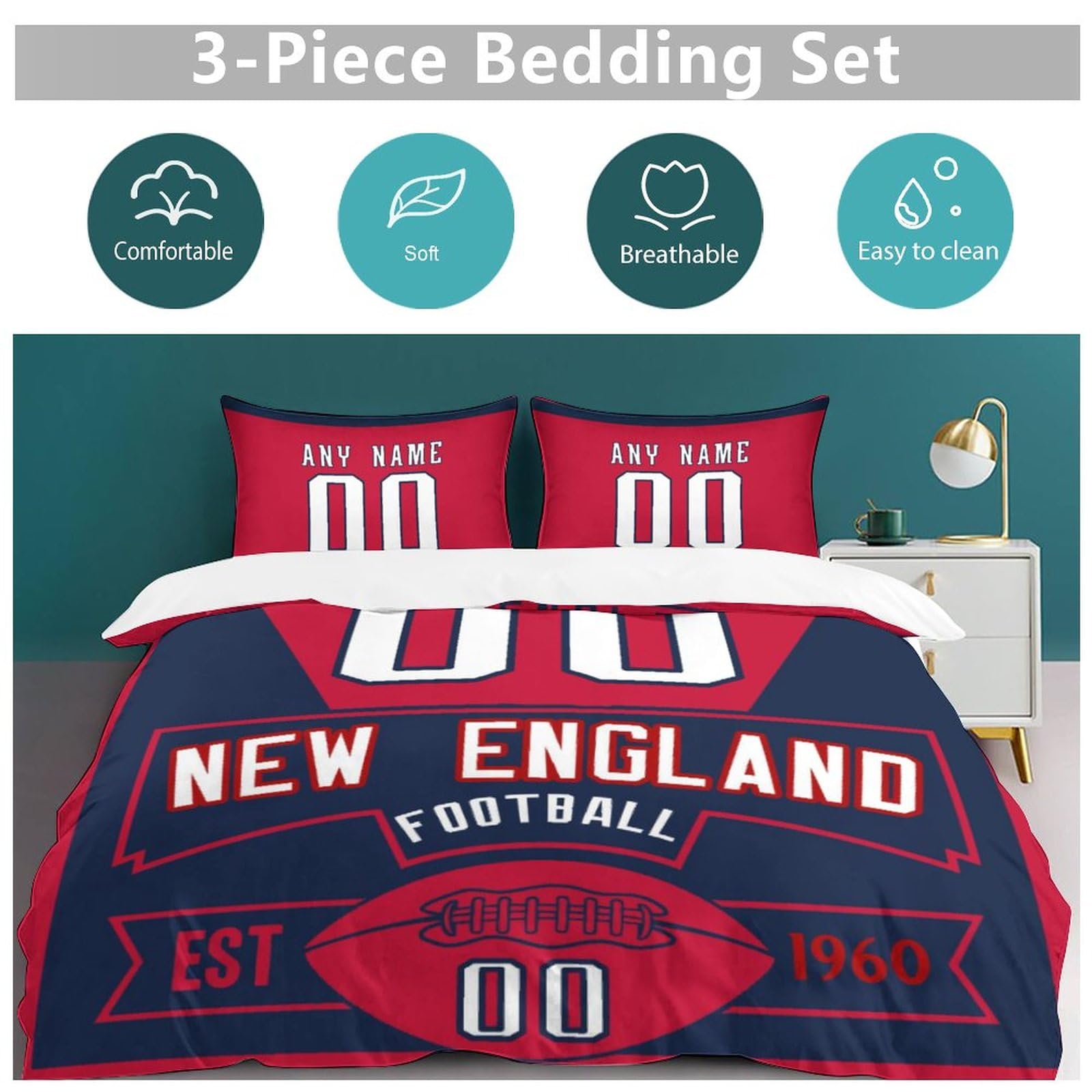 Custom Football Comforter Set - 3 Piece Bedding (Comforter + 2 Pillowcases) for Sports Fans | Personalized Name & Number | Soft Lightweight Quilt | Football Themed Bedroom Decor | Perfect for Game Nights & Fan Rooms