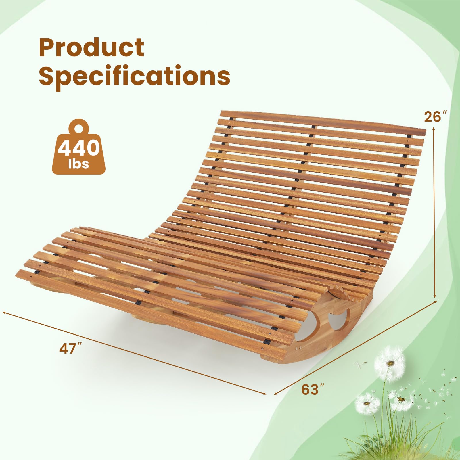 Premium Acacia Wood Double Chaise Lounge - Outdoor Rocking Loveseat with High Back & Slatted Seat, 440 lbs Capacity - Perfect for Patio, Poolside, Garden & Backyard Relaxation
