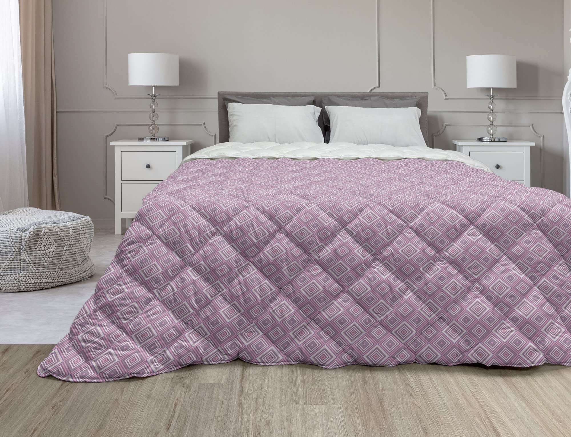 Ambesonne Abstract Down Alternative Comforter - Geometric Square Mosaic Design, All-Season Microfiber Quilt, Queen Size in Pale Mauve Purple Grey | Perfect for Modern Bedrooms & Guest Rooms
