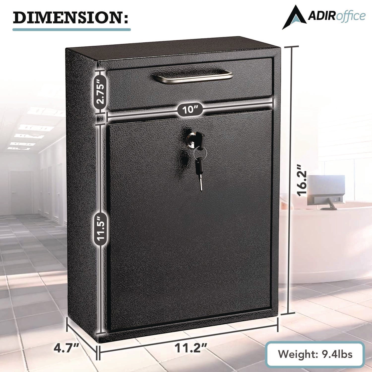 AdirOffice Large Wall Mounted Secure Drop Box - 11.2 x 4.7 x 16.2 Inches - Black Mailbox for Home & Office - Perfect for Secure Package Delivery, Documents and Mail Collection
