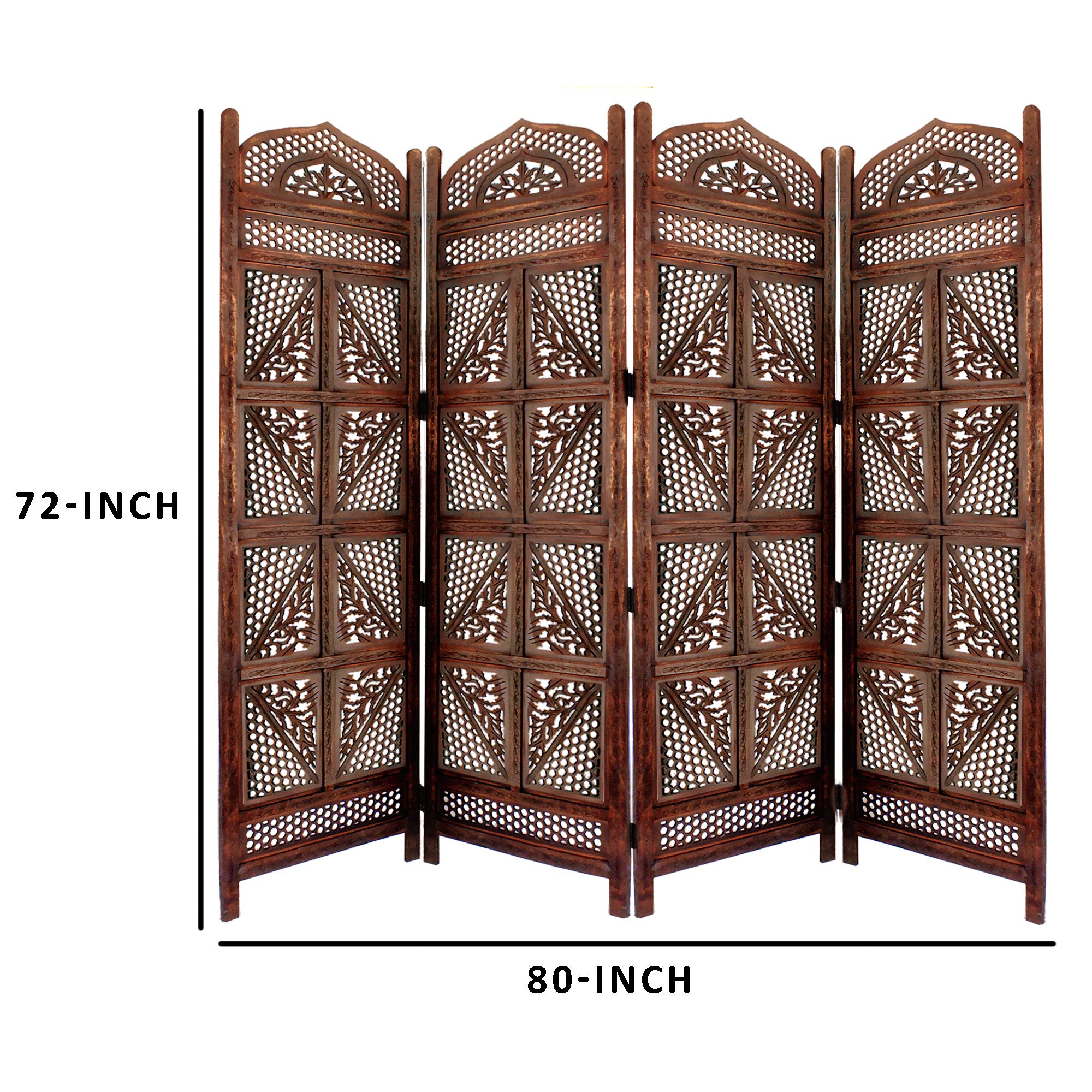 Benjara Traditional 4-Panel Wooden Room Divider with Hand-Carved Details - Antique Brown - Privacy Screen for Home, Office & Bedroom Decor