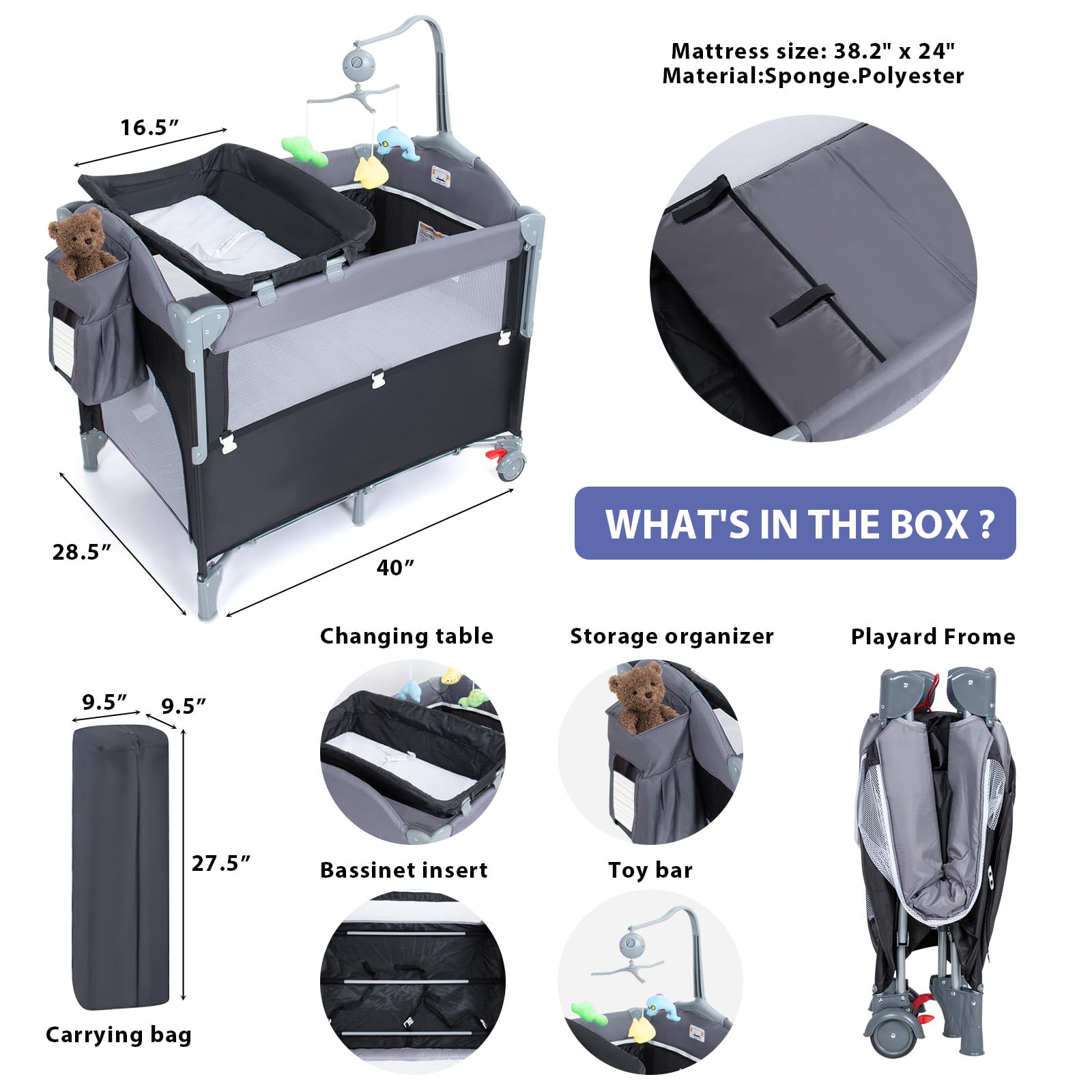 ANNA QUEEN 5-in-1 Baby Bassinet & Playard with Mattress, Toys & Music Box - Portable Foldable Crib for Travel, Nursery, Bedside Sleeping - Ideal for Newborns, Infants, Boys & Girls - Perfect for Home, Daycare & Family Trips