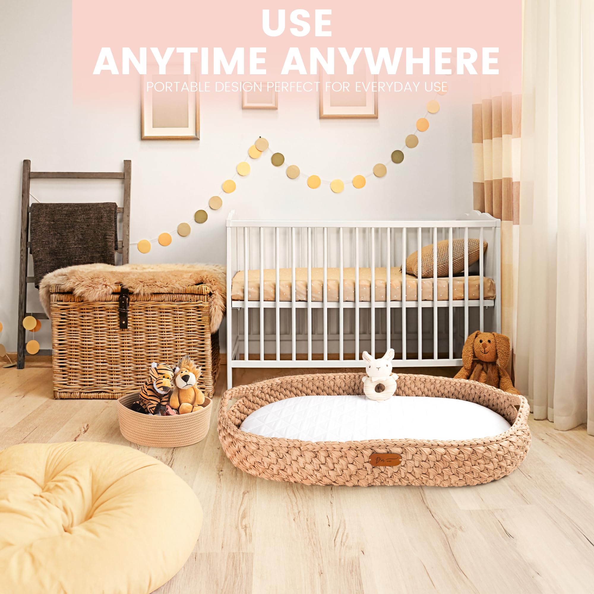 Handmade Baby Changing Basket Set with Soft Changing Pad, Waterproof Cover, Diaper Organizer & Rattle Toy - Boho Crochet Moses Bassinet for Nursery, Dresser Topper | Perfect for Newborn Care, Baby Shower Gifts & Nursery Decor