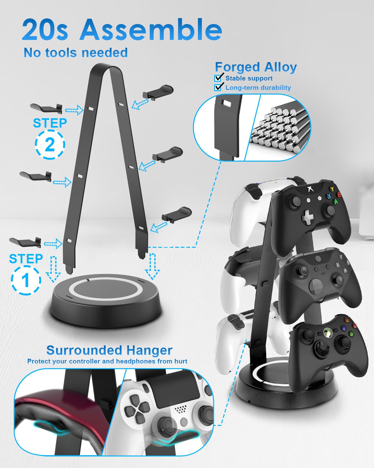 3-Tier Universal Aluminum Game Controller & Headphone Stand - Compatible with Xbox, PS4, PS5, Switch & PC Gaming Accessories - Desk Storage Organizer for Gaming Setup & Office Organization (Black)