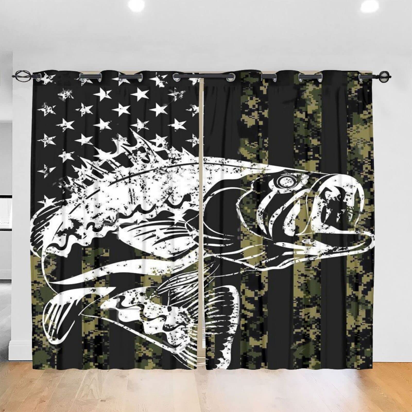 Ninegty American Flag Camouflage Bass Fishing Blackout Window Curtains - 2 Panels Set (52x84 Inch) for Living Room & Bedroom Decor - Perfect for Sports Fans, Man Cave & Patriotic Home Design