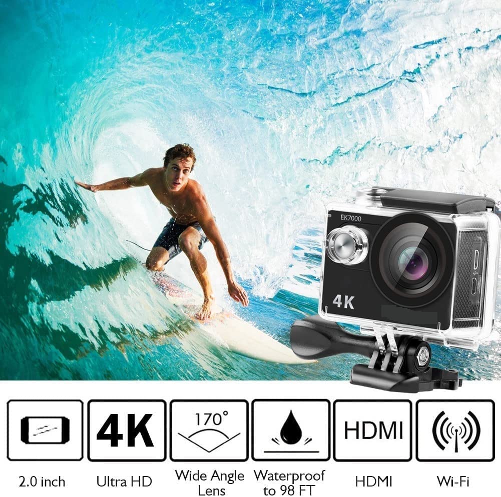 BODORME EK7000 4K Ultra HD Waterproof Action Camera - 12MP Sports DV Camcorder with 170° Wide Angle Lens for Outdoor Adventures, Surfing, Skiing & Vlogging