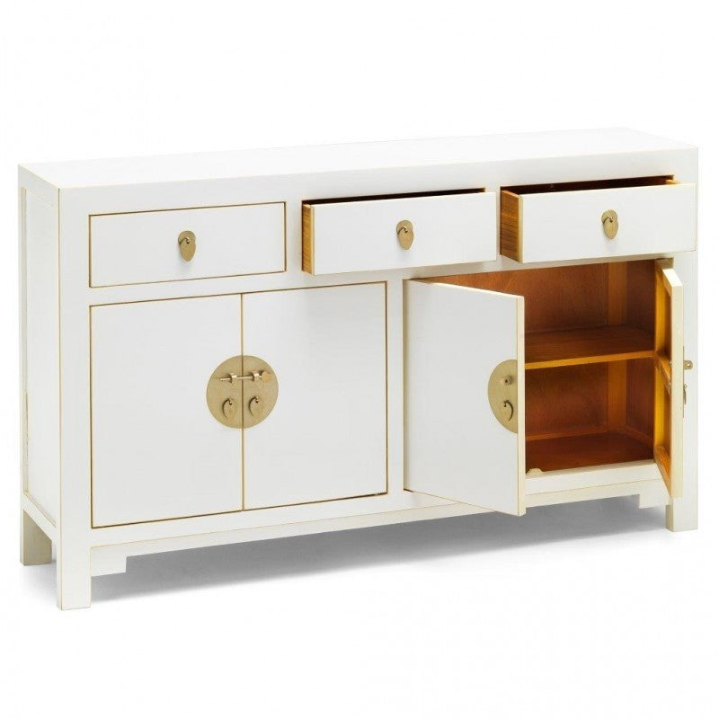 Golden Dragon Oriental Painted Solid Wood White Large Sideboard Buffet Cabinet 160x40x85cm - Traditional Asian Style Storage for Dining Room, Living Room & Entryway