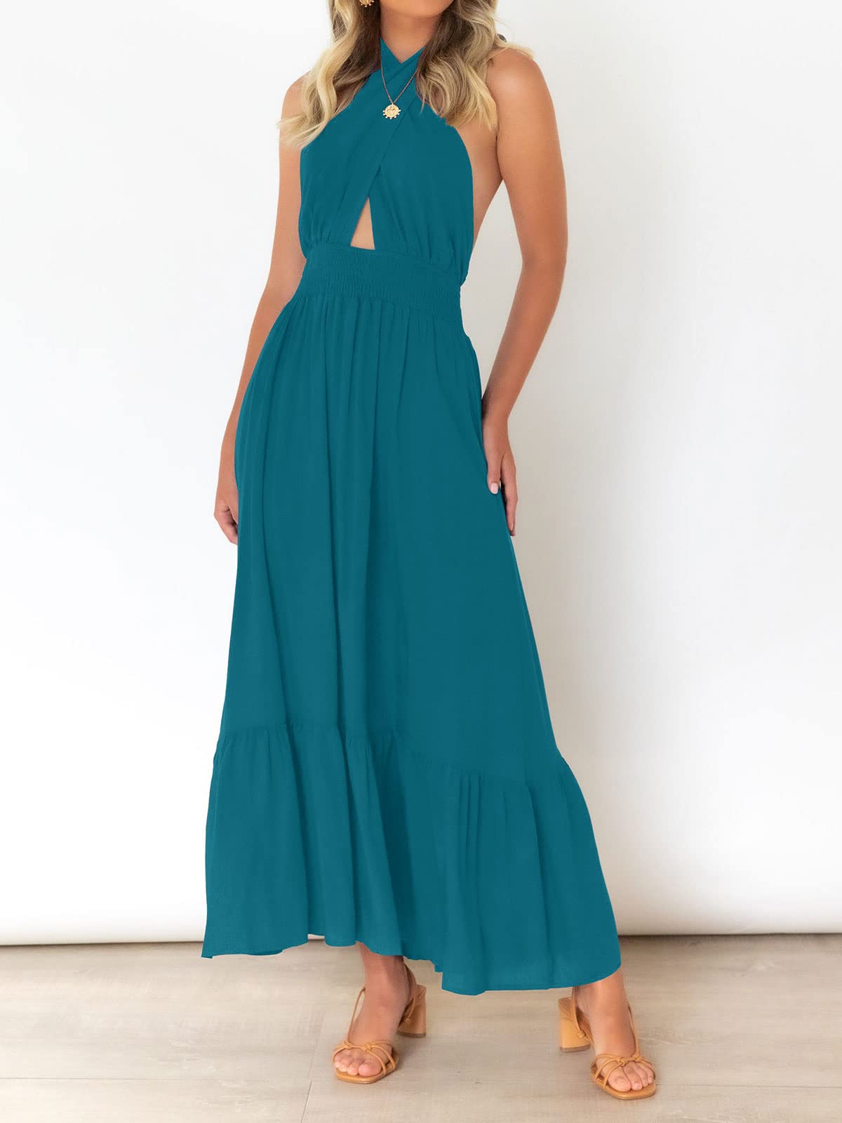 ZESICA Women's Summer 2025 Halter Neck Sleeveless Plaid Maxi Dress with Cut Out Back - Flowy A-Line Beach Dress for Vacation, Party & Date Night