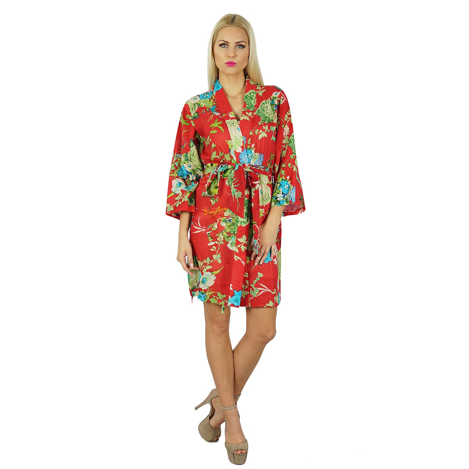 Bimba Women's Short Cotton Robe - Floral Print Bridesmaid Robe, Getting Ready Wrap, Spa Cover Up - Perfect for Wedding, Bridal Shower, Bachelorette Party & Relaxation at Home