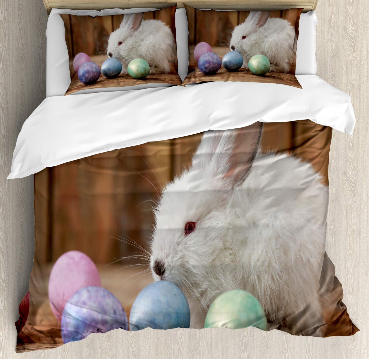 Ambesonne Easter Bunny Duvet Cover Set - King Size 3-Piece Bedding with 2 Pillow Shams, Colorful Easter Rabbit & Dyed Eggs Wooden Background Design, Multicolor Decorative Comforter Cover | Perfect for Spring Decor, Easter Bedroom Theme, and Holiday Home Staging