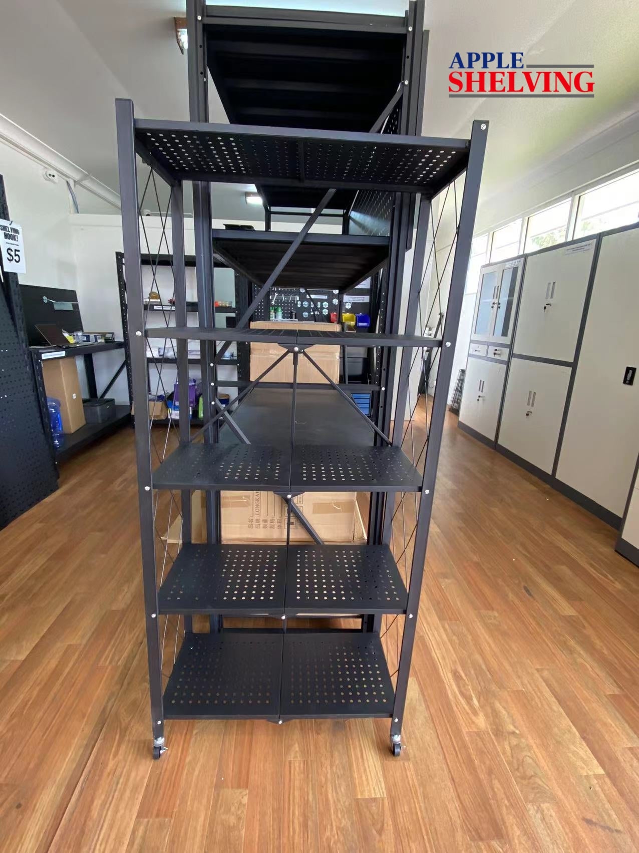 5-Tier Folding Storage Shelf with Wheels, 62.6 Inches Tall - Space-Saving Organizer for Closet, Garage, Kitchen & Office
