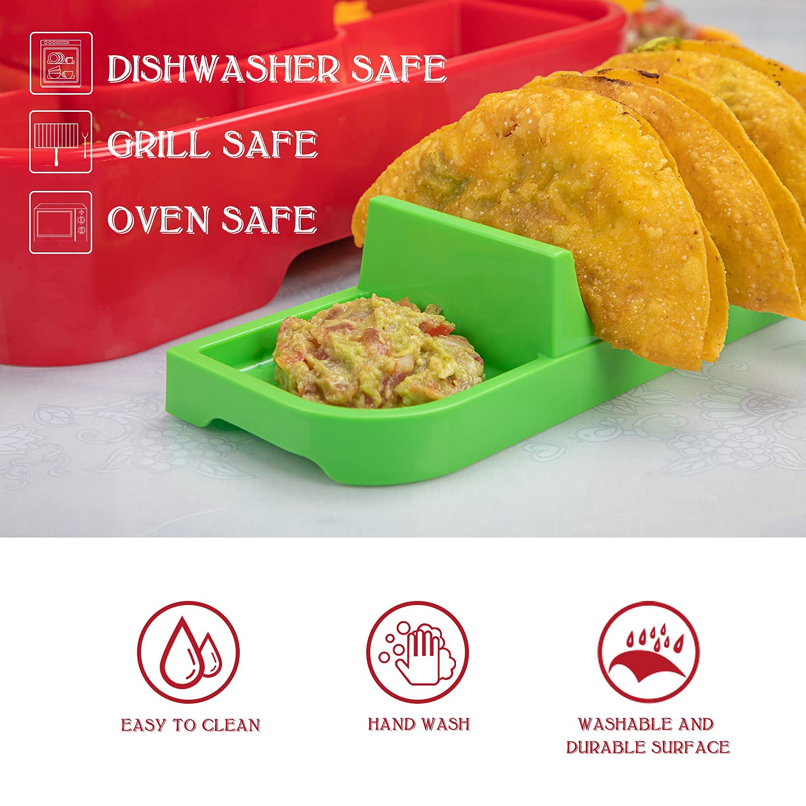4-Pack Taco Holders with Dividers - Stand for 3 Tacos Each - Oven & Dishwasher Safe Taco Rack - Perfect for Taco Tuesday Parties, Family Dinners & Mexican-Themed Events (Green)