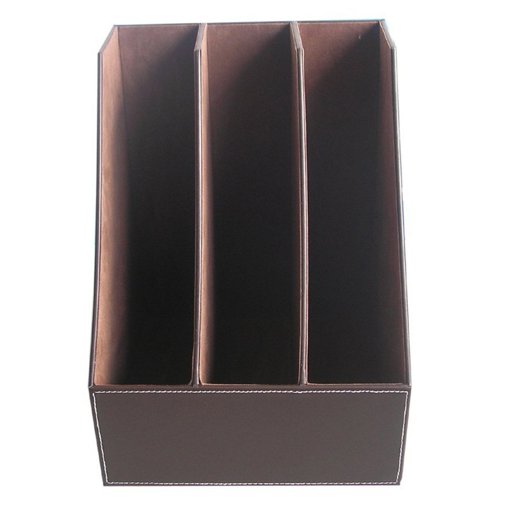 KINGFOM Wooden Leatherette Magazine File Holder - 3 Compartment Desktop Organizer for Office & Home, Paper Storage Box with Elegant Brown Finish - Perfect for Organizing Documents, Bills, and Office Supplies on Your Desk