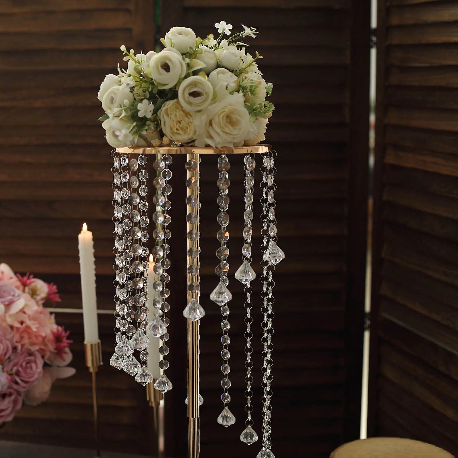2 Pack Metal Flower Display Stands with Spiral Hanging Crystal Beads - Gold & Clear Wedding Centerpiece Decor for Table, Party, Home Decor