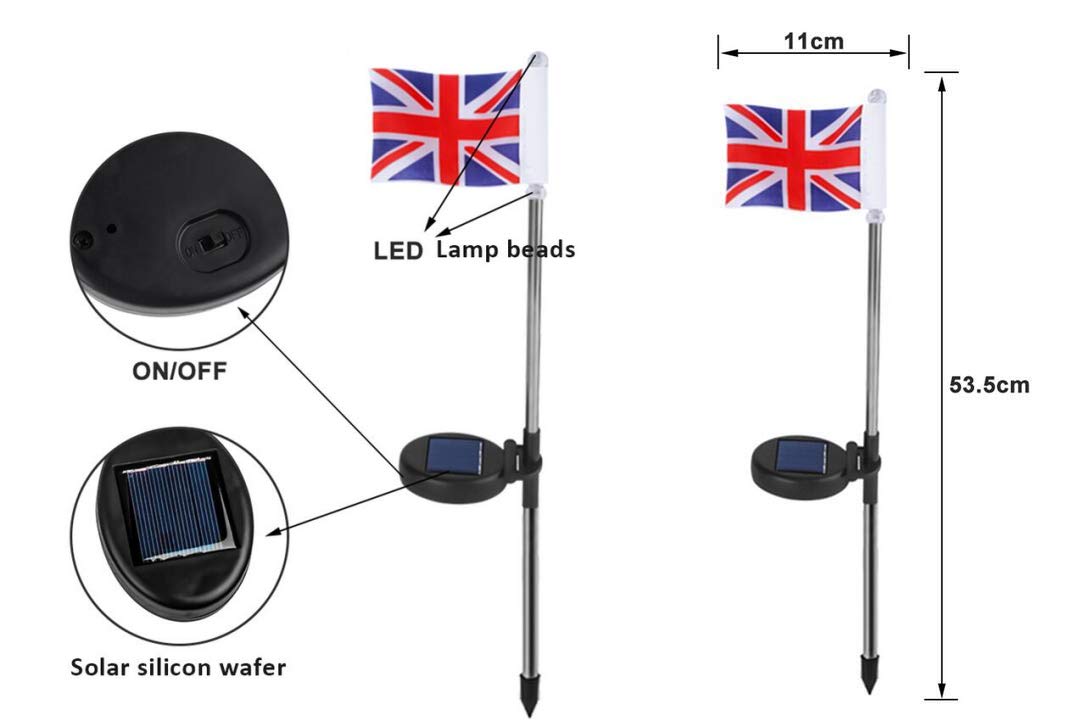 UK Flag Solar Garden Stake Lights - 2 Pack White Solar Powered Outdoor Path Lights for Garden, Patio, Yard & Walkway | Weatherproof & Energy Efficient Landscape Lighting for British-Themed Decor
