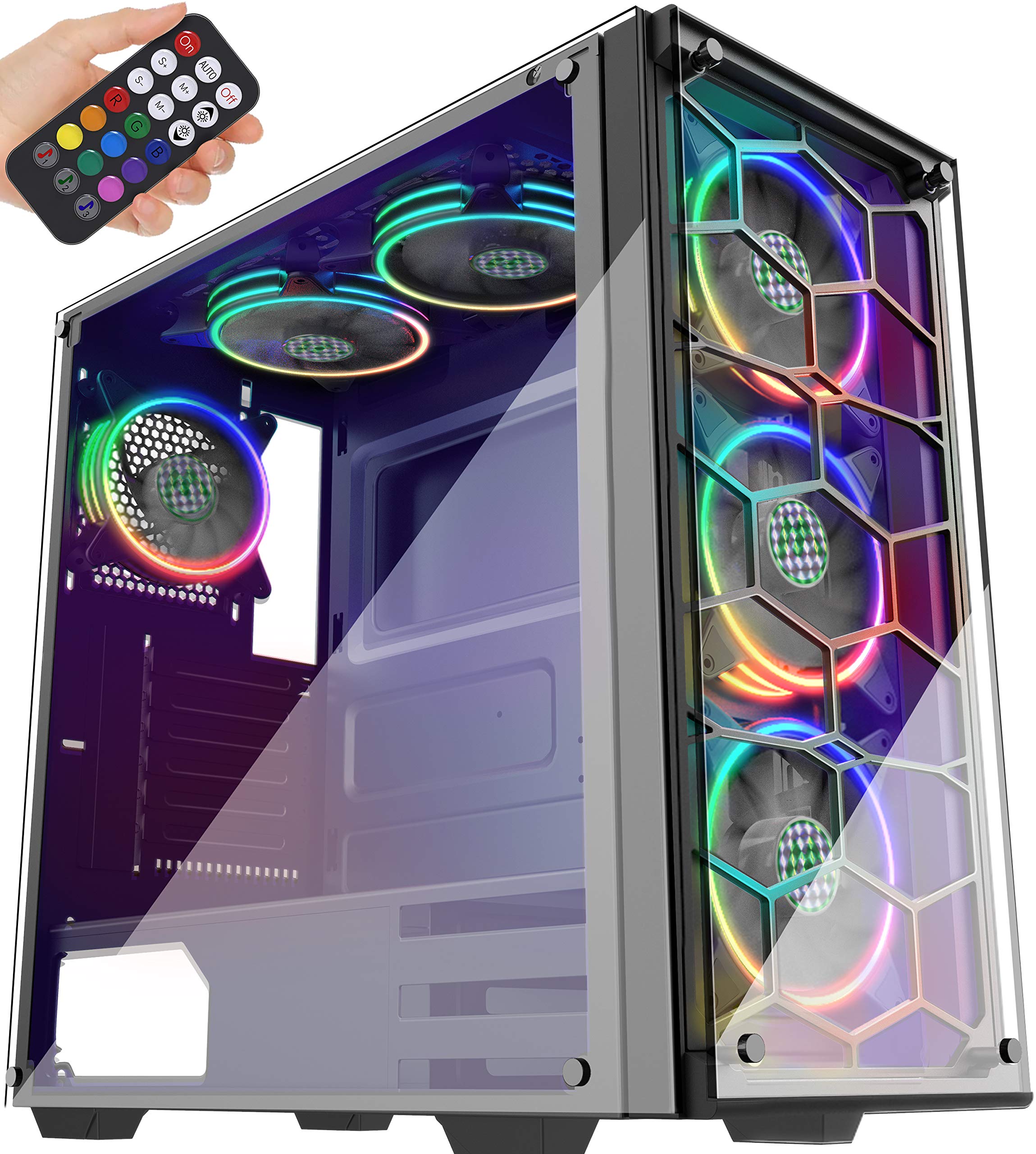 MUSETEX ATX Mid-Tower PC Case with 6 ARGB Fans, USB 3.0, Tempered Glass & Honeycomb Airflow - Phantom Black Gaming Computer Chassis 907-MS6 - Perfect for Gaming Rigs, Streaming Setups & High-Performance PCs