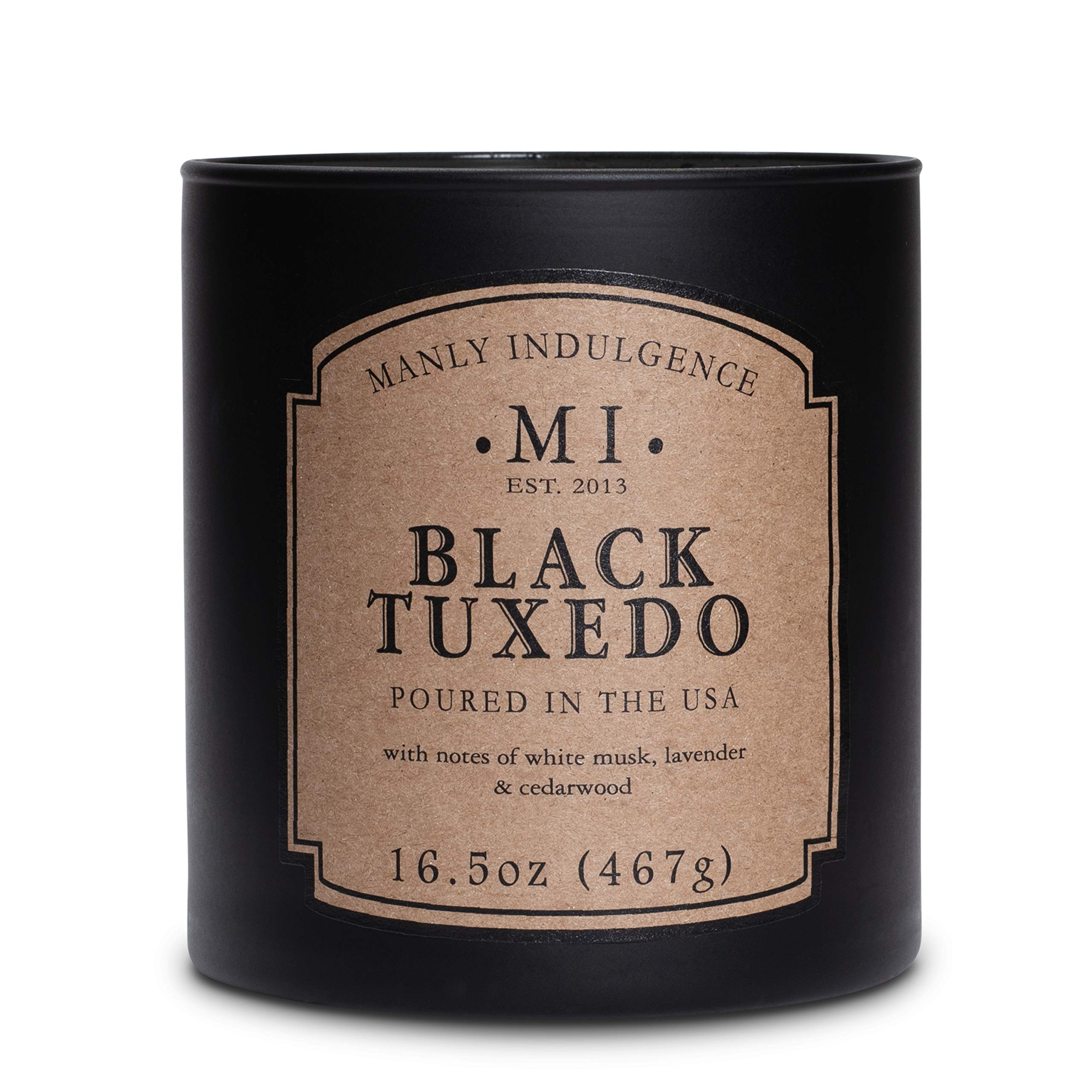 Manly Indulgence Black Tuxedo Jar Candle 16.5 oz - White Musk, Lavender, Cedarwood, Jasmine & Earthy Orris Scented Soy Wax Blend - Long Lasting 60 Hour Burn Time - Hand Poured in USA - Perfect for Home Decor, Romantic Dinners & Relaxation