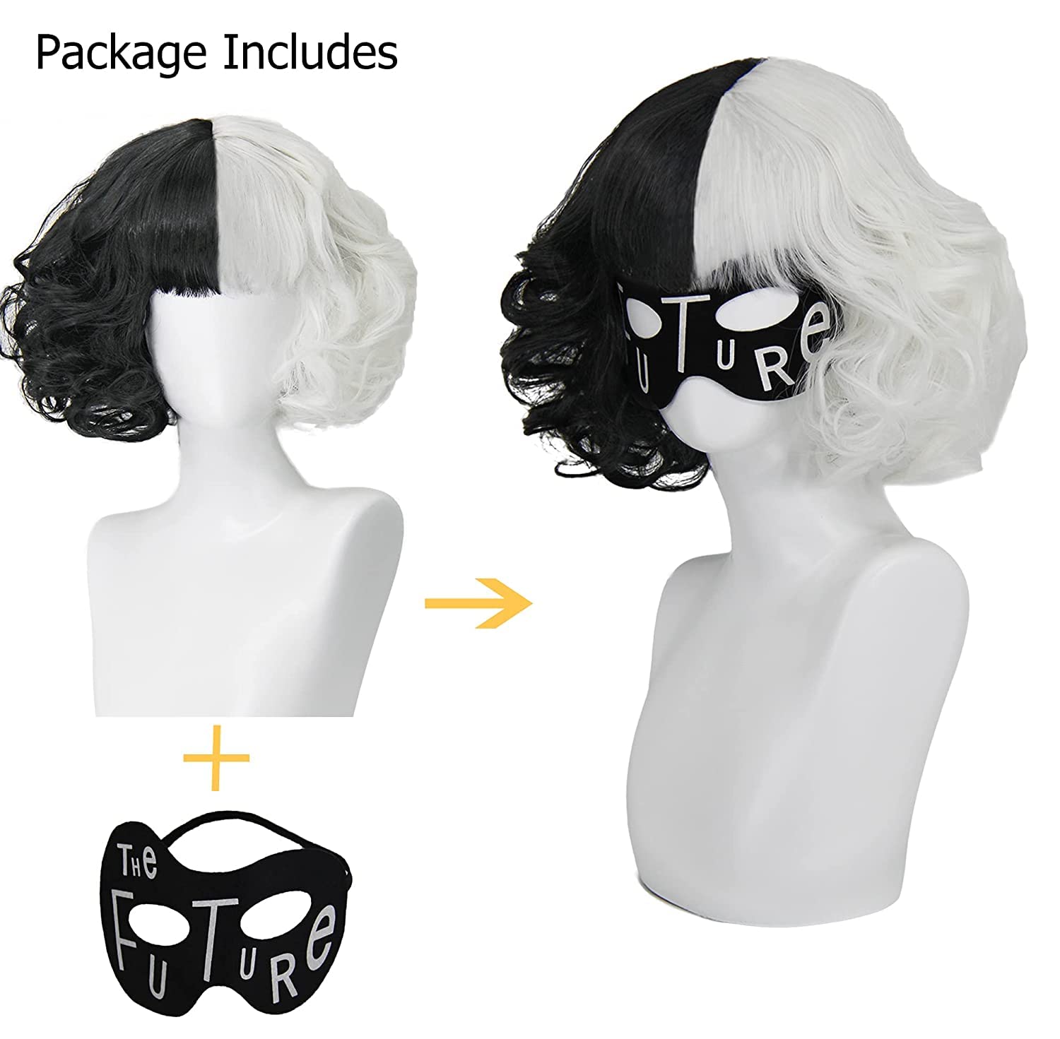 Cruella De Vil Costume Wig Set for Women - Short Black & White Cosplay Wig with Gloves, Wig Cap, Mask, Holder & Necklace | Perfect for Halloween, Carnival, Cosplay Parties & Fancy Dress Costumes