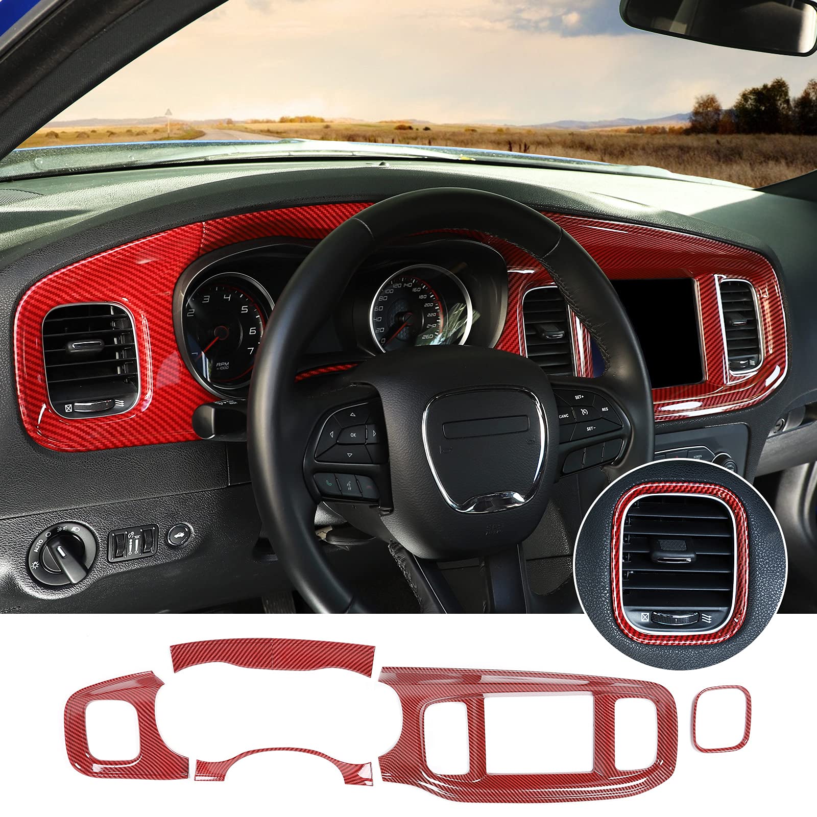 8.4 Inch Touchscreen Center Console Dashboard Trim - Red Carbon Fiber for 2015-2020 Dodge Charger | Upgrade Your Car Interior | Perfect for Road Trips & Daily Commutes