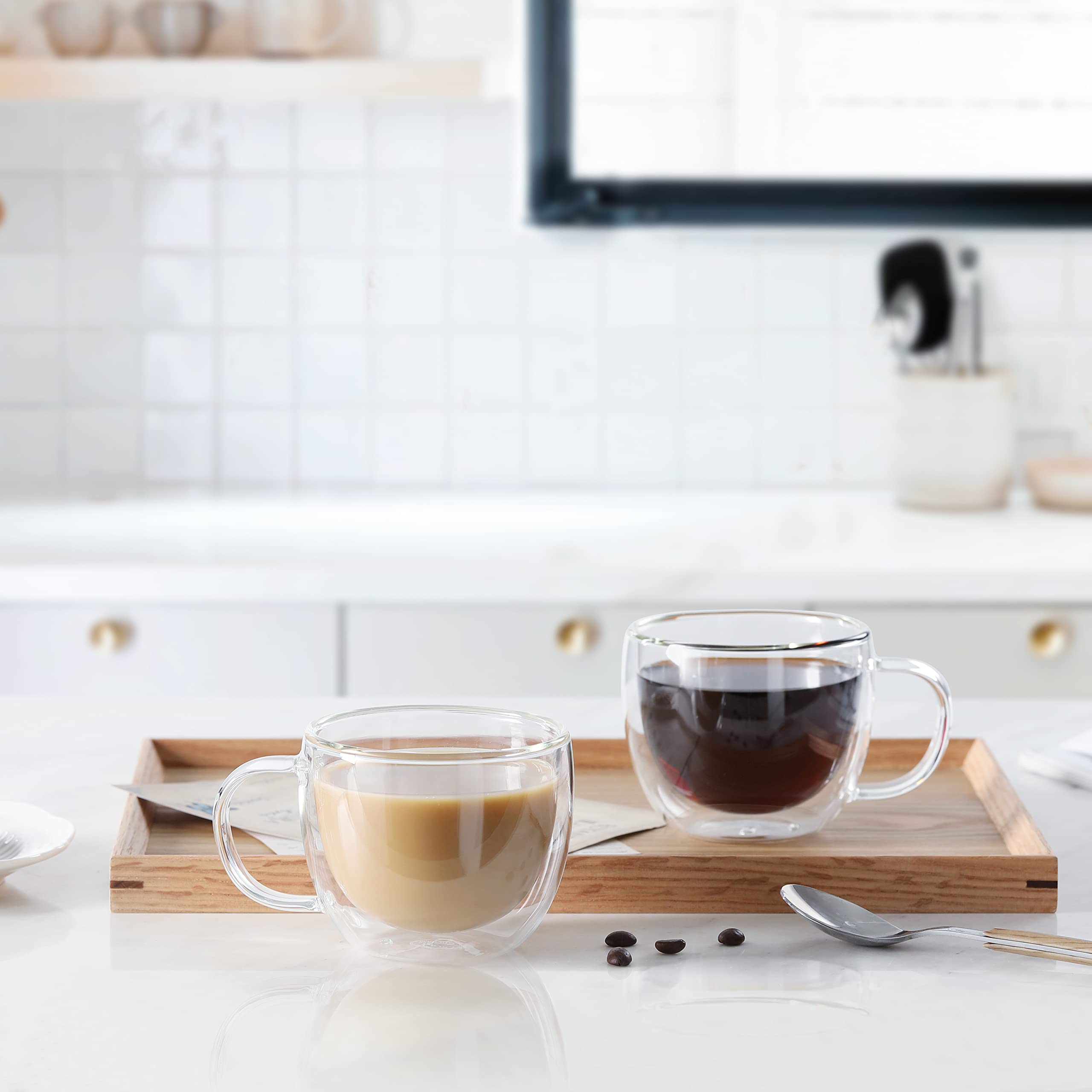 CNGLASS 8oz Double Wall Insulated Glass Coffee Mugs - Clear Espresso Cups with Handle for Hot & Cold Drinks, Perfect for Latte, Cappuccino, Tea - Set of 4 (Ideal for Home, Office & Cafe Use)