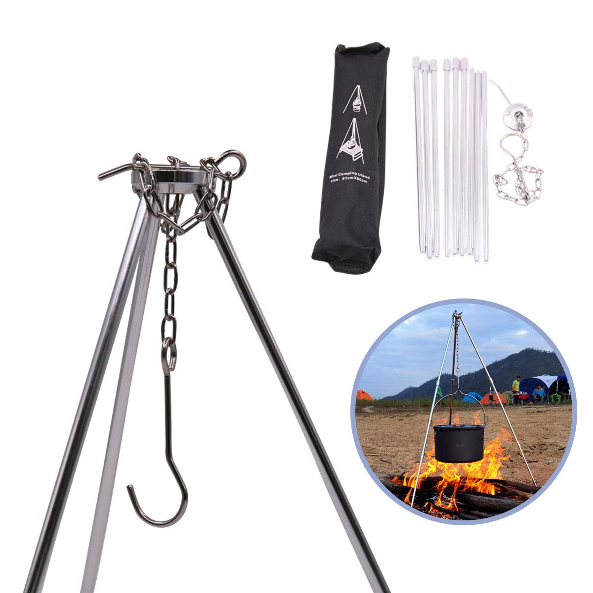 Portable Adjustable Camping Tripod Stand with Dutch Oven & Grill - Compact Outdoor Cooking Tripod Set for Campfire, Backpacking, BBQ - Includes Storage Bag & Lantern Hanger (Perfect for Camping, Hiking, Picnics & Outdoor Adventures)