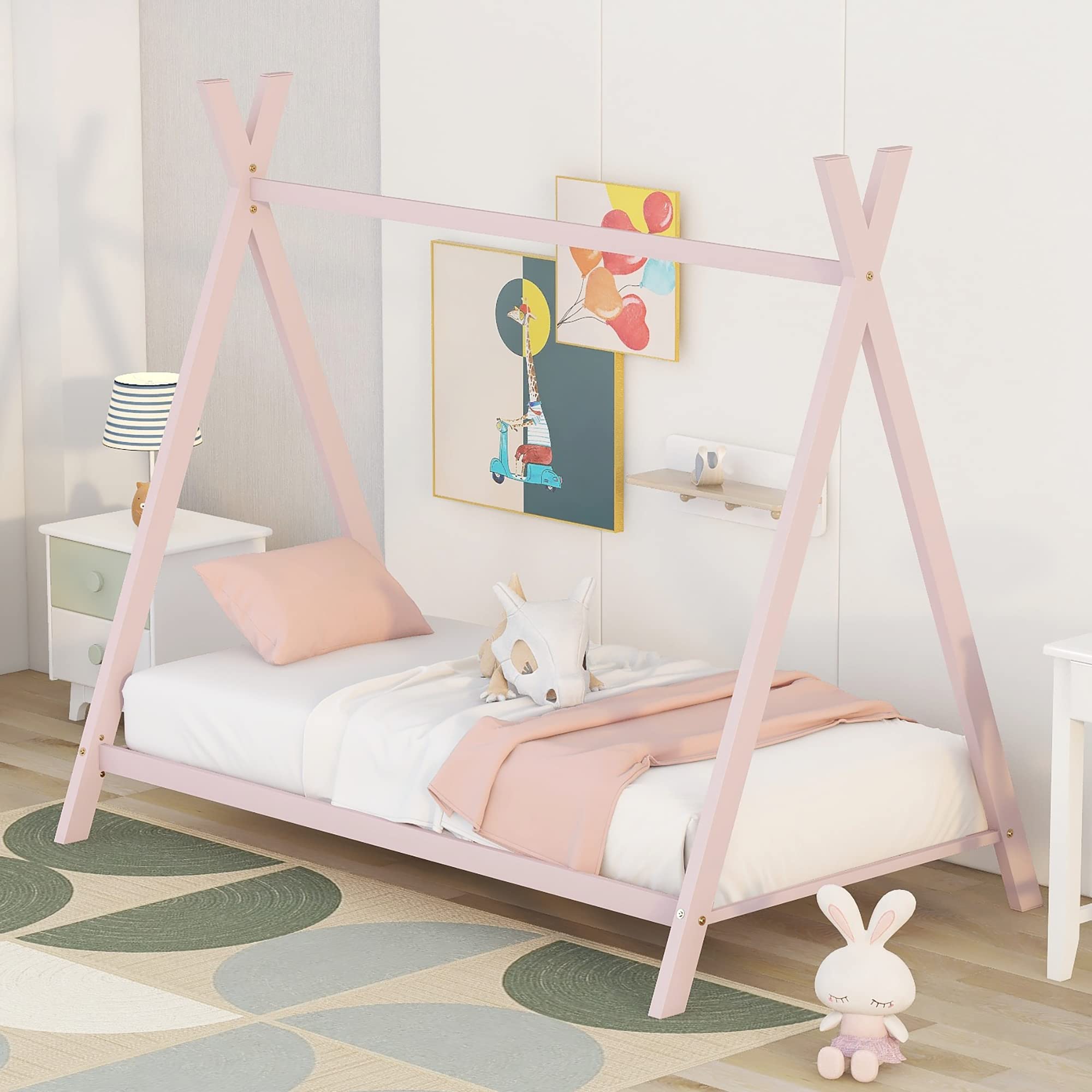 Montessori Twin Size Pink Metal House Bed for Kids - Sturdy Floor Play Bed Frame with Slats for Girls & Boys | Perfect for Bedroom Decor, Playtime & Sleepovers